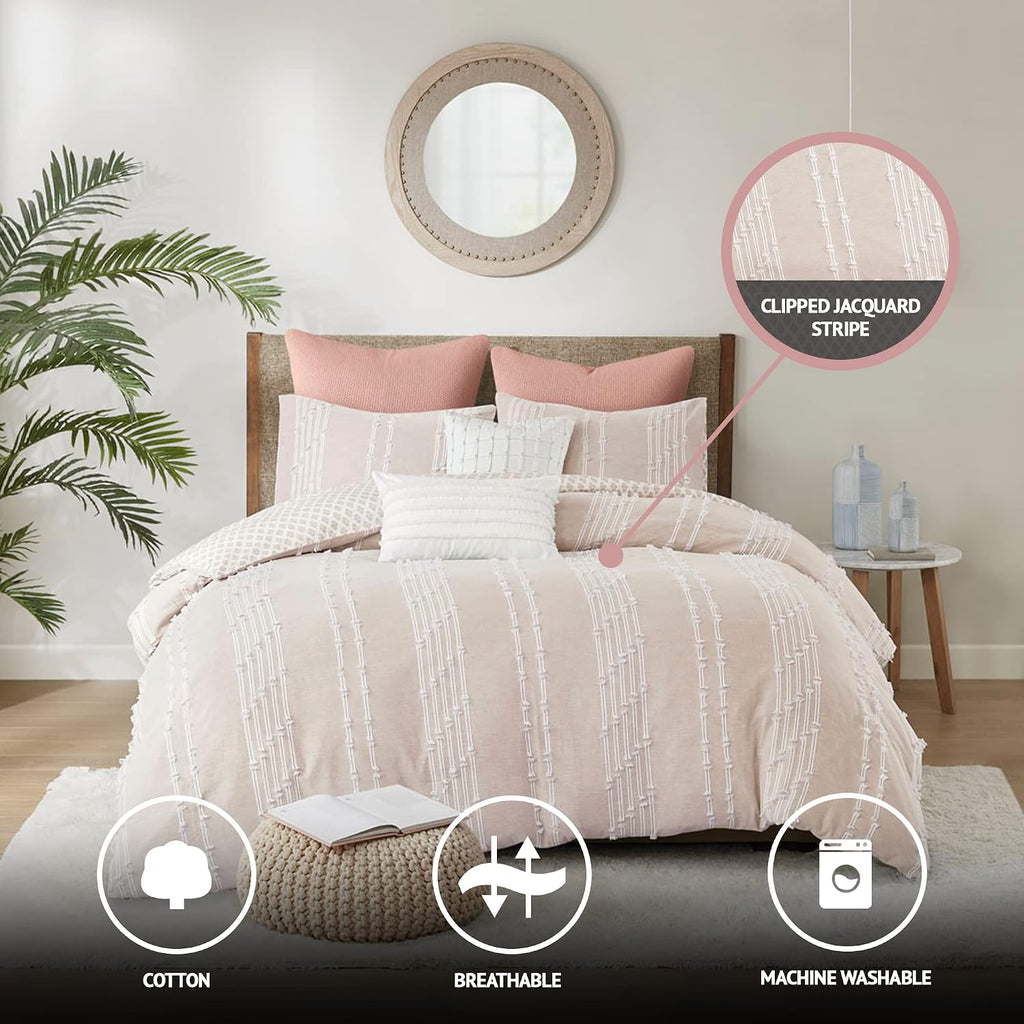 INK+IVY Kara 100% Cotton Duvet Mid Century Modern Design, All Season Comforter Cover Bedding Set, Matching Shams, Full/Queen, Jacquard Stripes Blush 3 Piece