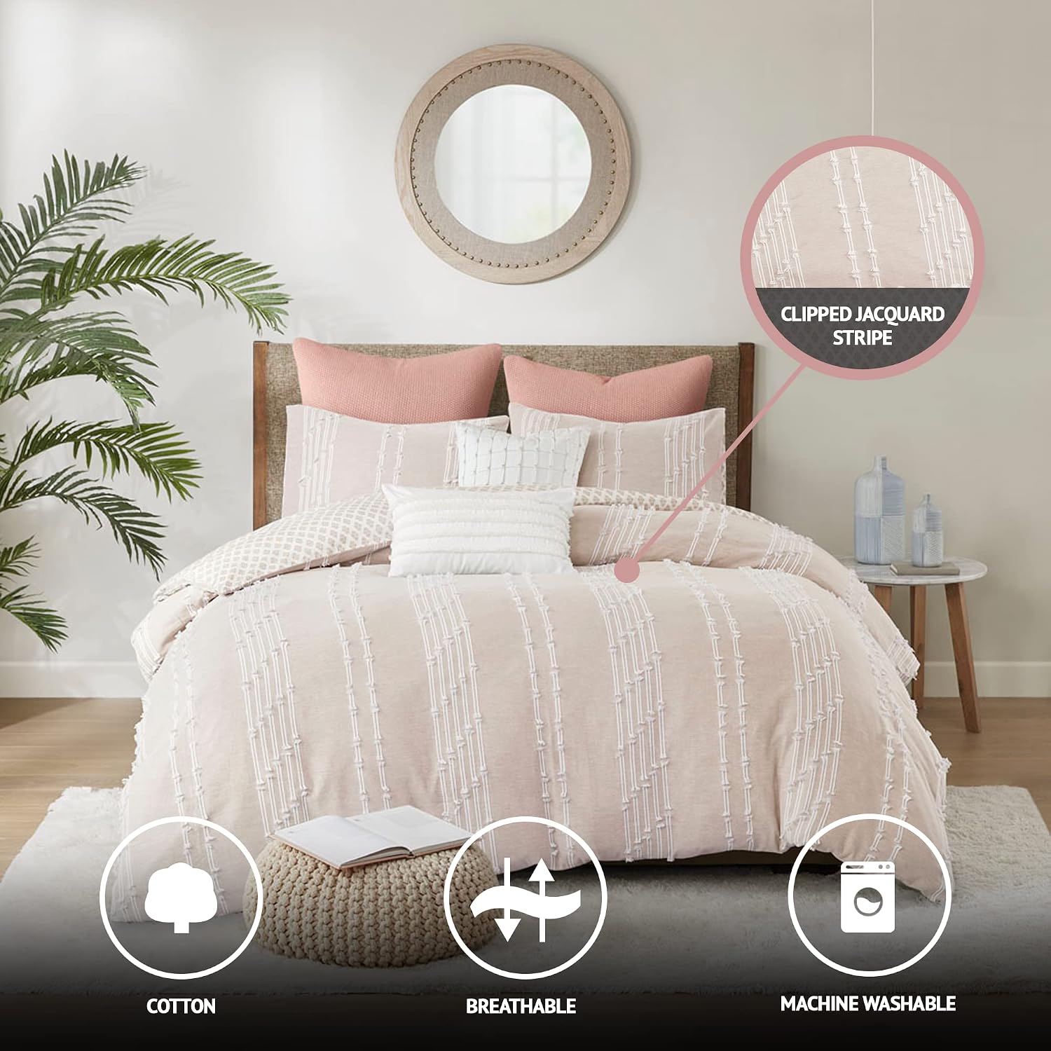 INK+IVY Kara 100% Cotton Duvet Mid Century Modern Design, All Season Comforter Cover Bedding Set, Matching Shams, Full/Queen, Jacquard Stripes Blush 3 Piece