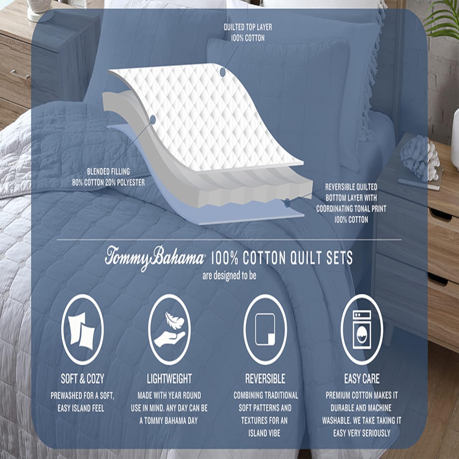 Tommy Bahama - Twin Quilt Set, Reversible Cotton Bedding with Matching Sham, Pre-Washed for Added Softness, Dorm Essentials (Distressed Water Leaves Blue)