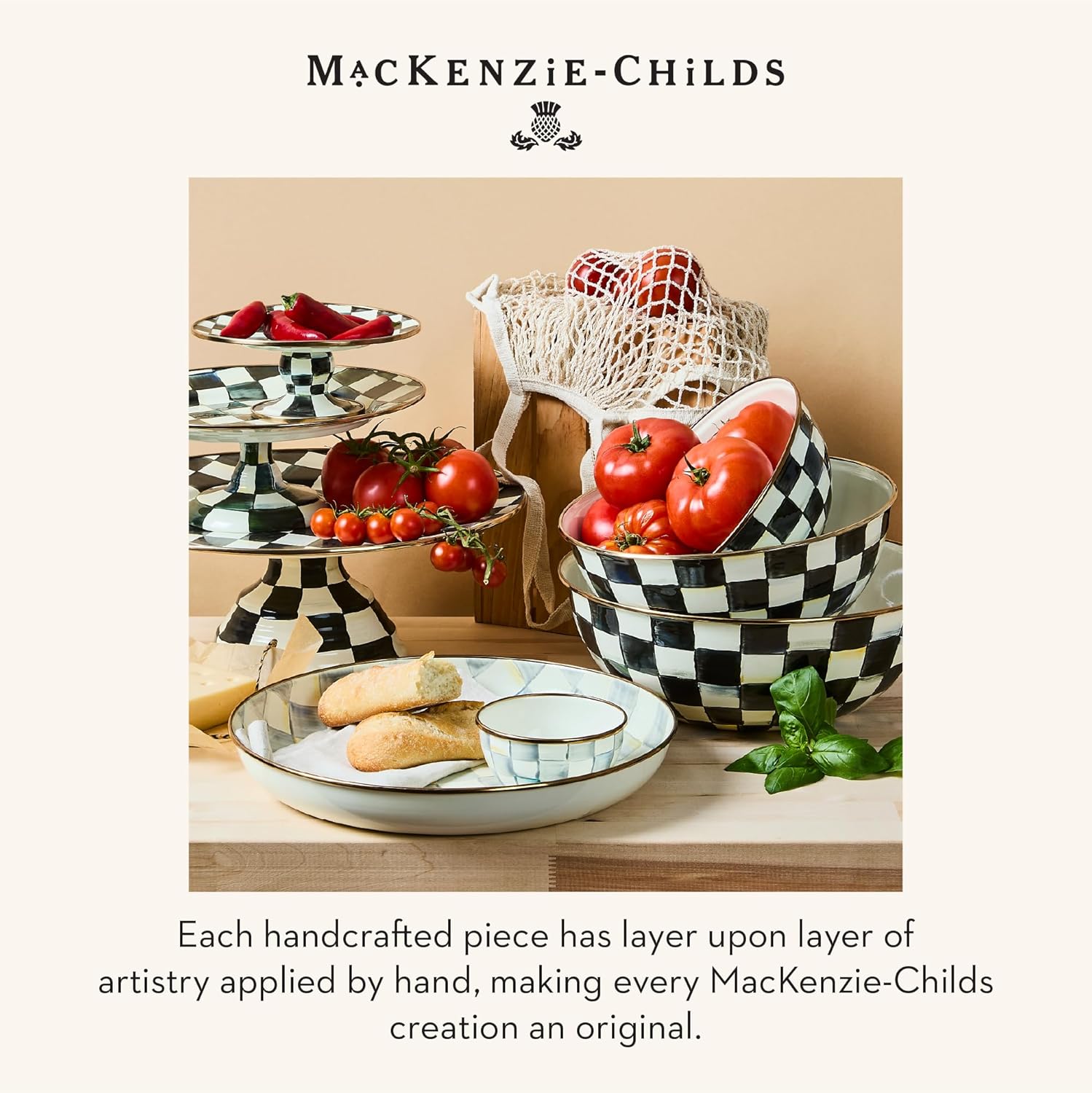 MACKENZIE-CHILDS Enamel Everyday Bowl, Serving Bowl for Entertaining, Large, Black-and-White Courtly Check, Set of 1