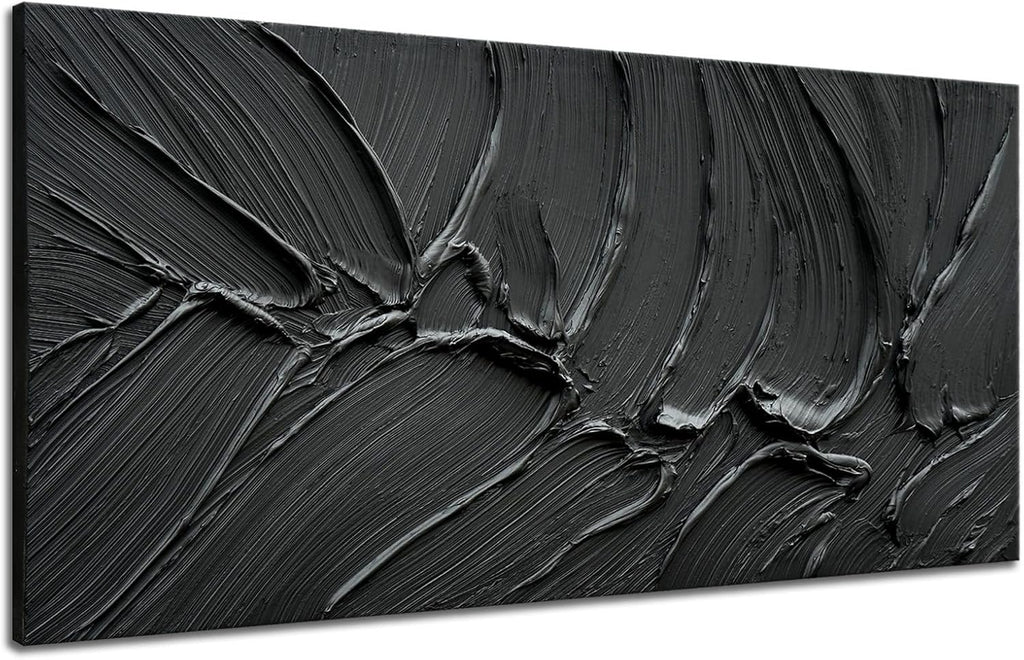 zoinart Hand Painted Thick Texture Black Minimalist Oil Painting Modern Contemporary Art 24x48 Inches Oil on Canvas Abstract Black Textured Wall Art Home Decoration
