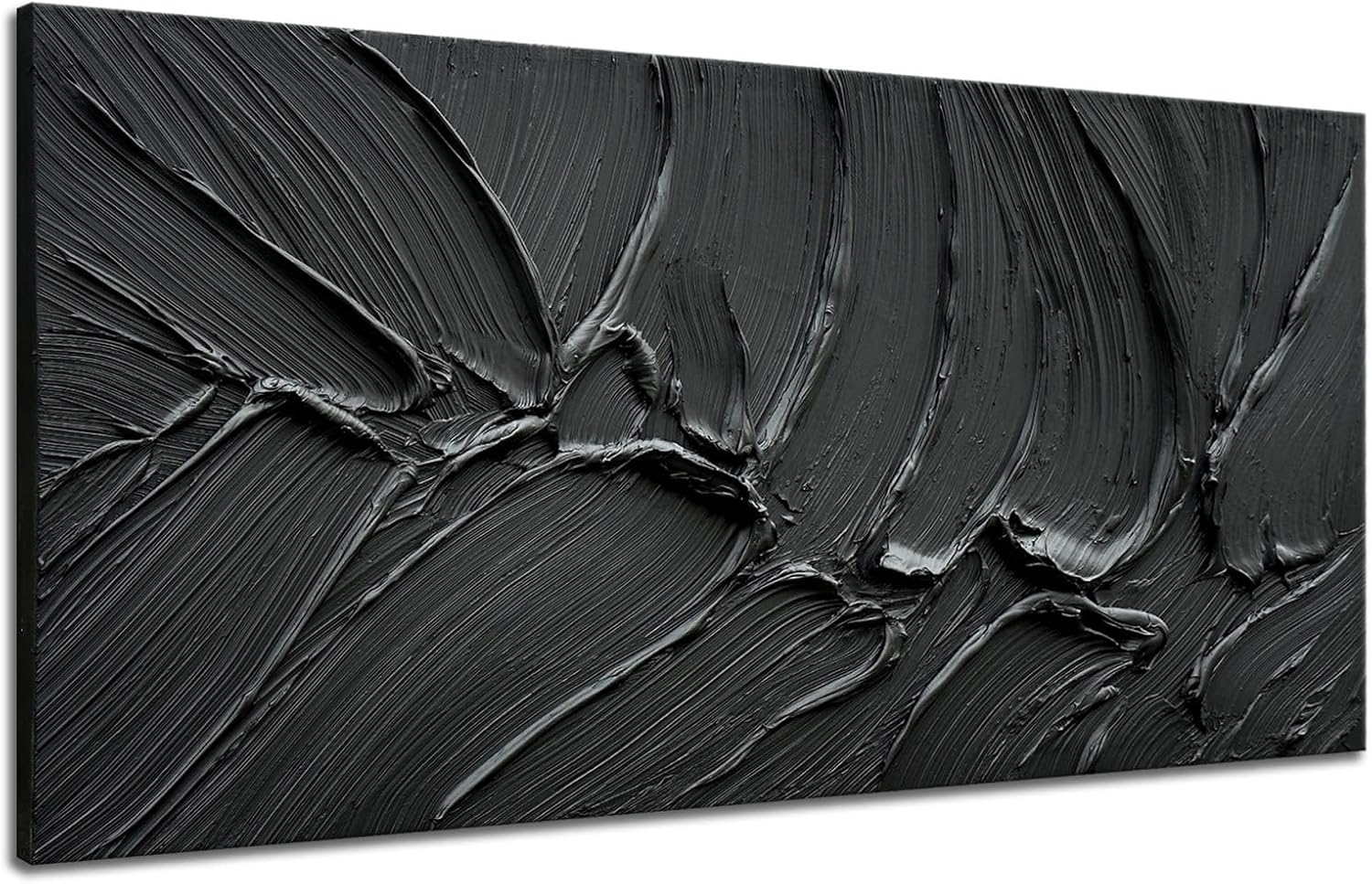 zoinart Hand Painted Thick Texture Black Minimalist Oil Painting Modern Contemporary Art 24x48 Inches Oil on Canvas Abstract Black Textured Wall Art Home Decoration