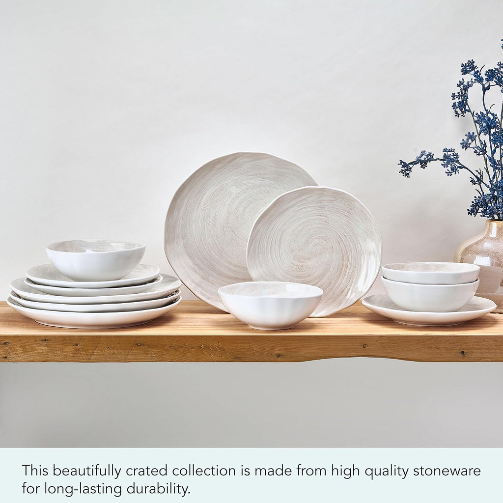 Mikasa Harley 12 Piece Stoneware Hand-Crafted Dinnerware Set, Service for 4, Plate and Bowl, Modern with Organic Freeform Shape, White