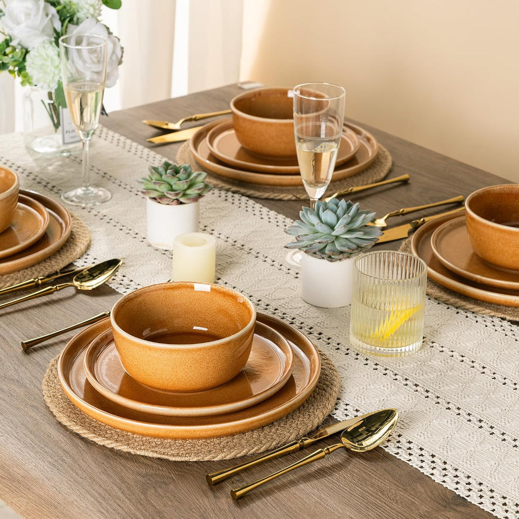GBHOME Ceramic Dinnerware Sets for 8, 24 Pieces Stoneware Plates and Bowls Sets, Scratch Resistant Dishes, Dishwasher & Microwave Safe, Reactive Glaze-Amber