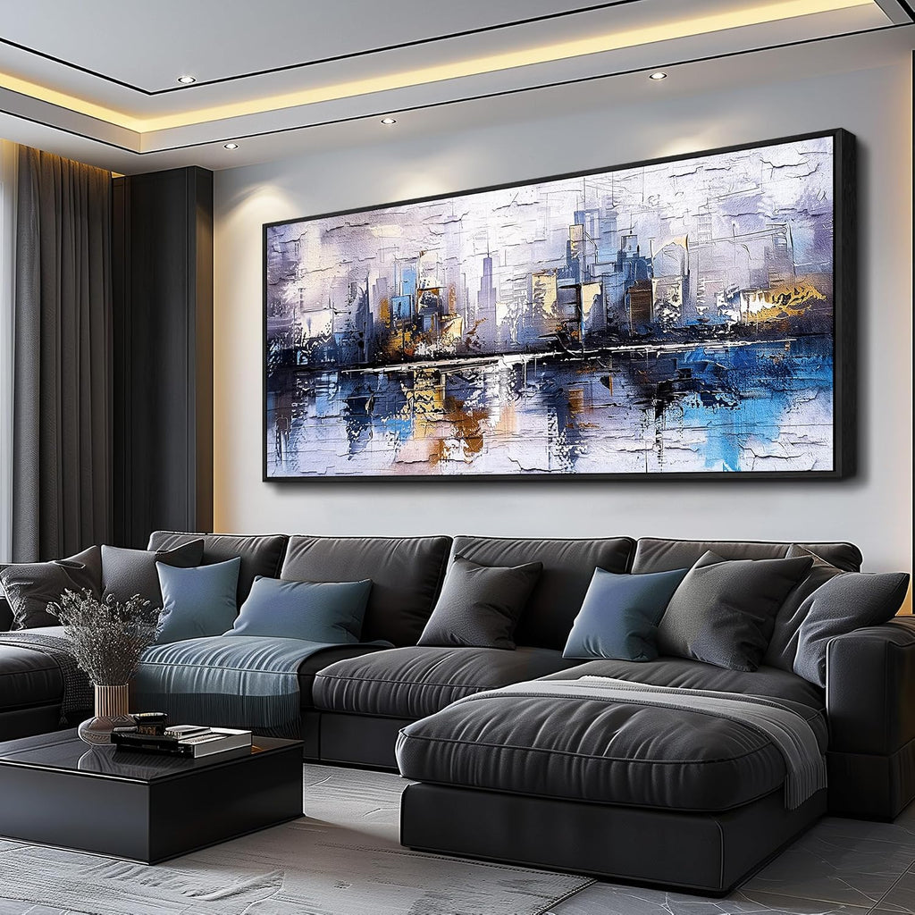 KELIYUAN Abstraction City Landscape Paintings Room Dining Room Canvas Wall Art For Living Room Bedroom Wall Decor Modern Home Decoration Office Pictures Hallway Mural Decoration 32'X72' Black Frame