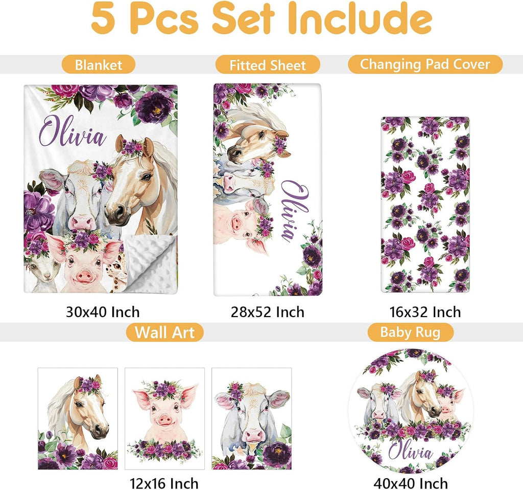 Terwex Custom Baby Crib Bedding Set, 5 Pcs Personalized Name Baby Crib Sets for Infant Toddler, Floral Horse Nursery Bedding Set for Baby Girls, Double Layer Baby Bedding Sets, Gifts for New Parents