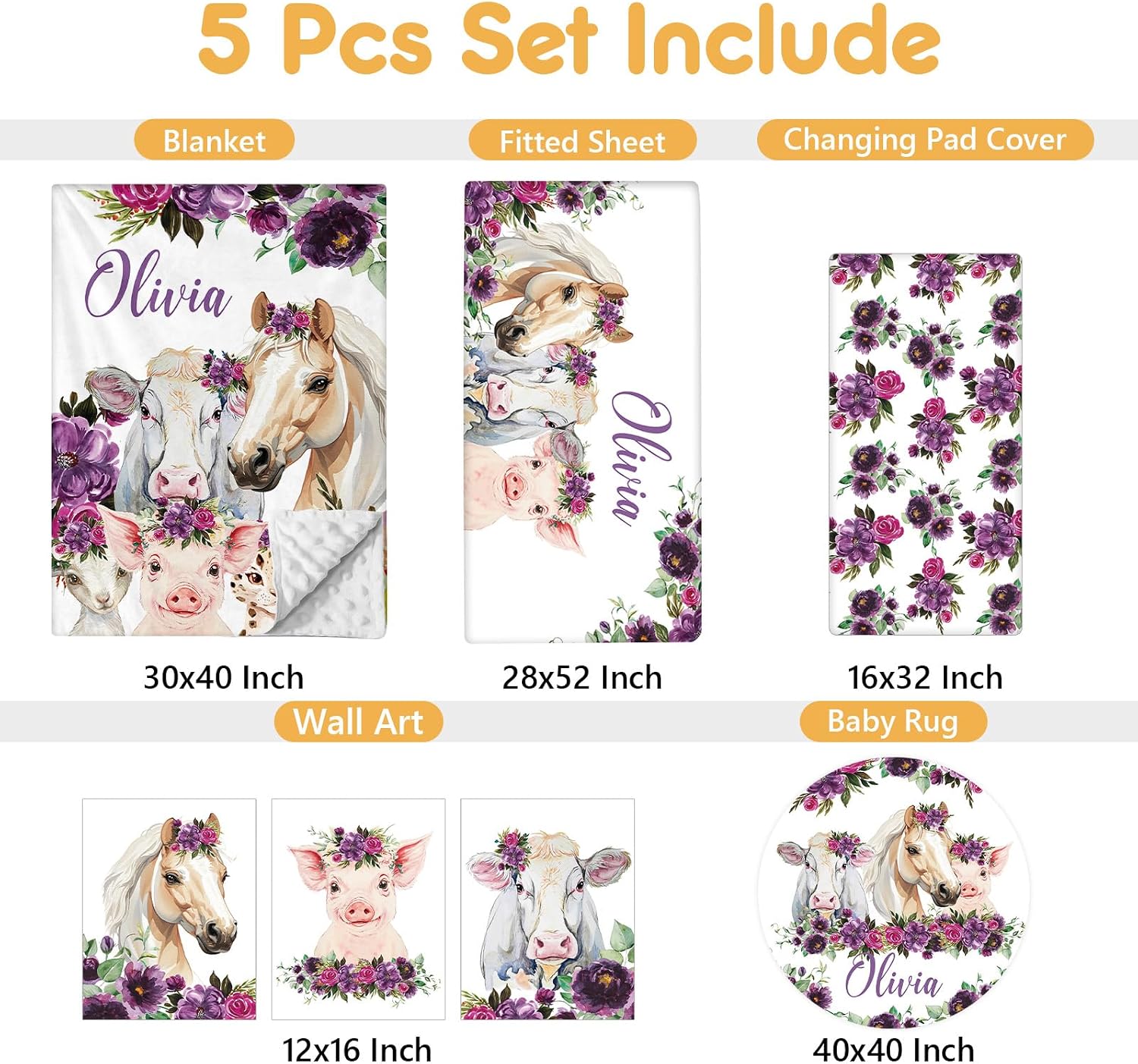 Terwex Custom Baby Crib Bedding Set, 5 Pcs Personalized Name Baby Crib Sets for Infant Toddler, Floral Horse Nursery Bedding Set for Baby Girls, Double Layer Baby Bedding Sets, Gifts for New Parents