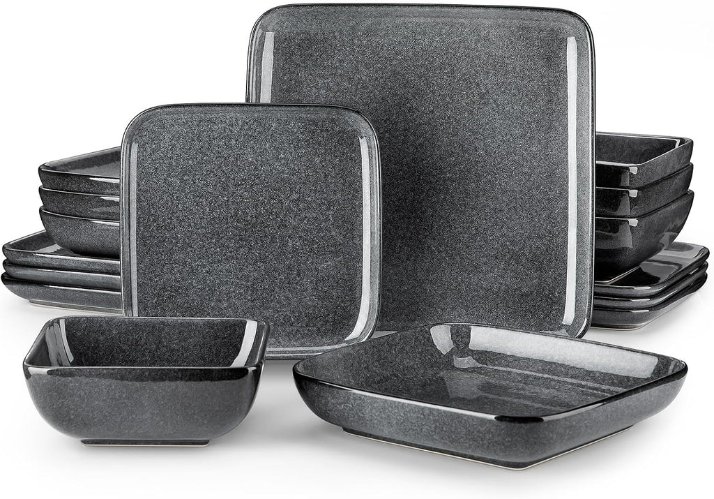 vancasso Stern Gray Dinnerware Set Square Reactive Glaze Tableware 16 Pieces Kitchen Dinnerware Stoneware Crockery Set with Dinner Plate, Dessert Plate, Bowl and Soup Plate Service for 4