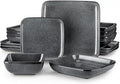 vancasso Stern Gray Dinnerware Set Square Reactive Glaze Tableware 16 Pieces Kitchen Dinnerware Stoneware Crockery Set with Dinner Plate, Dessert Plate, Bowl and Soup Plate Service for 4