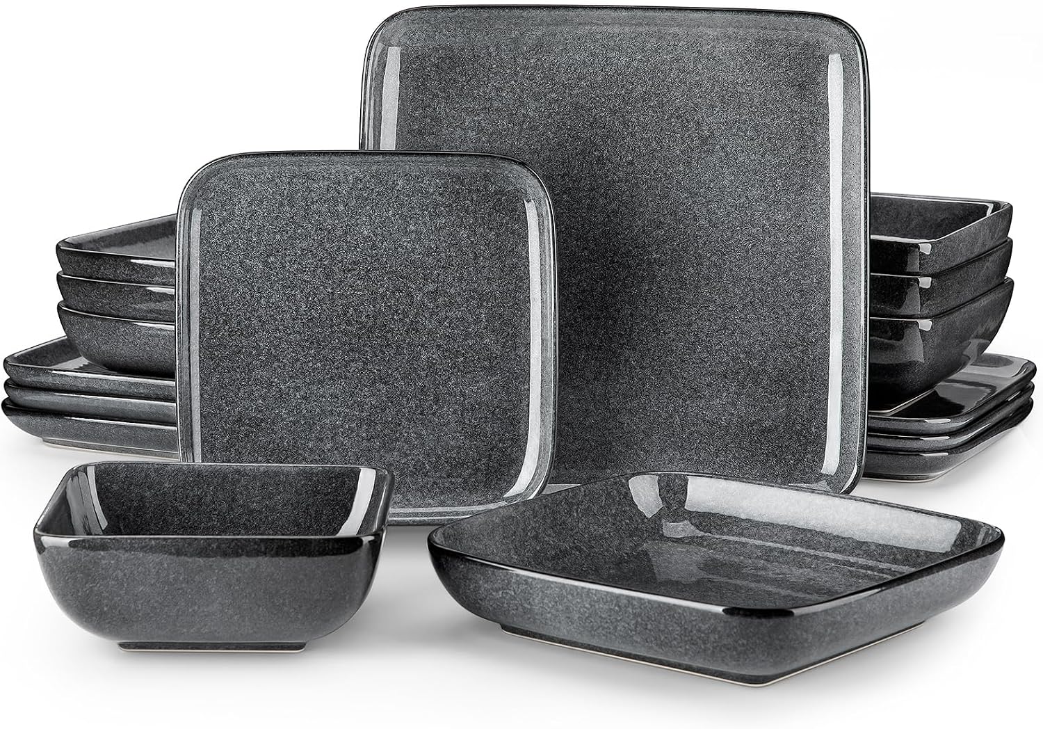 vancasso Stern Gray Dinnerware Set Square Reactive Glaze Tableware 16 Pieces Kitchen Dinnerware Stoneware Crockery Set with Dinner Plate, Dessert Plate, Bowl and Soup Plate Service for 4