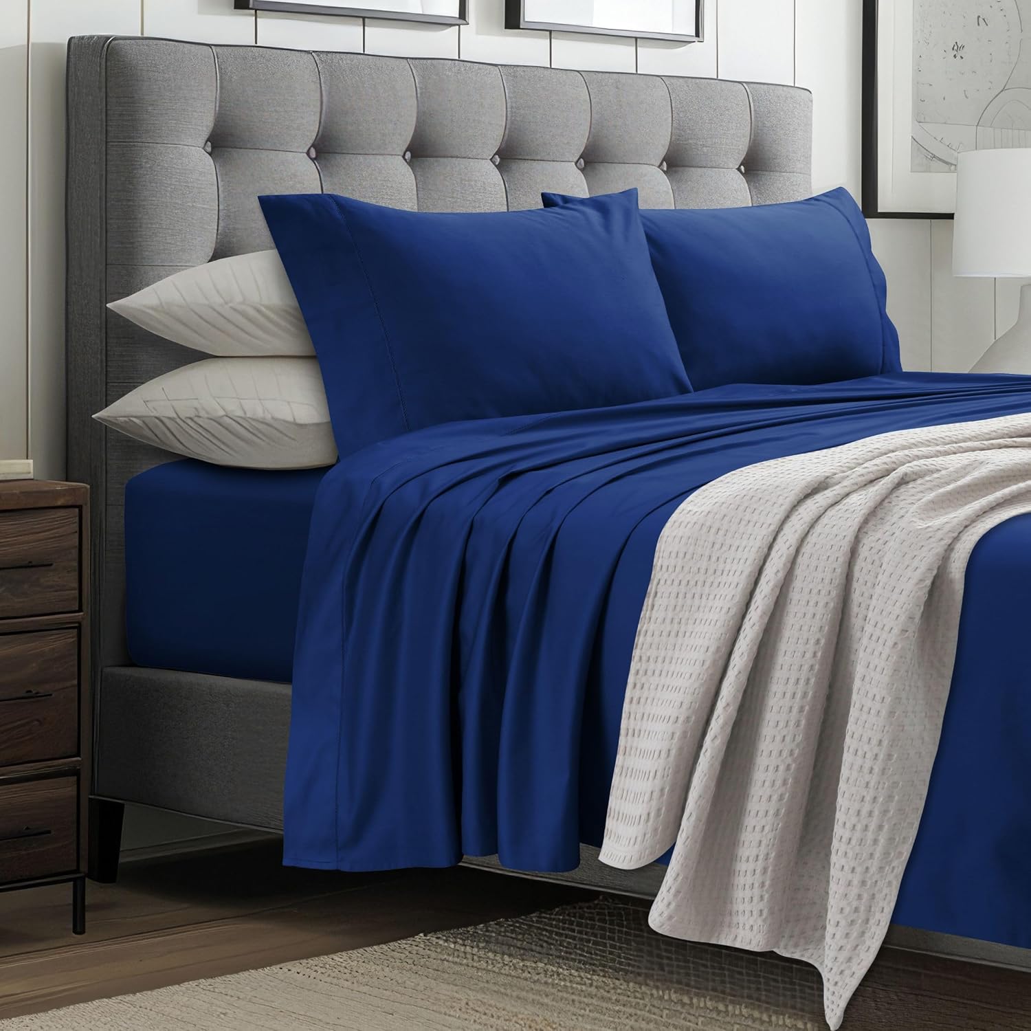 Tribeca Living 1000 Thread Count Egyptian Cotton Sheets King Size - Silky Smooth Sateen Weave for Luxurious Sleep - 22 Inch Deep Pocket 4-Piece Set in Classic Blue