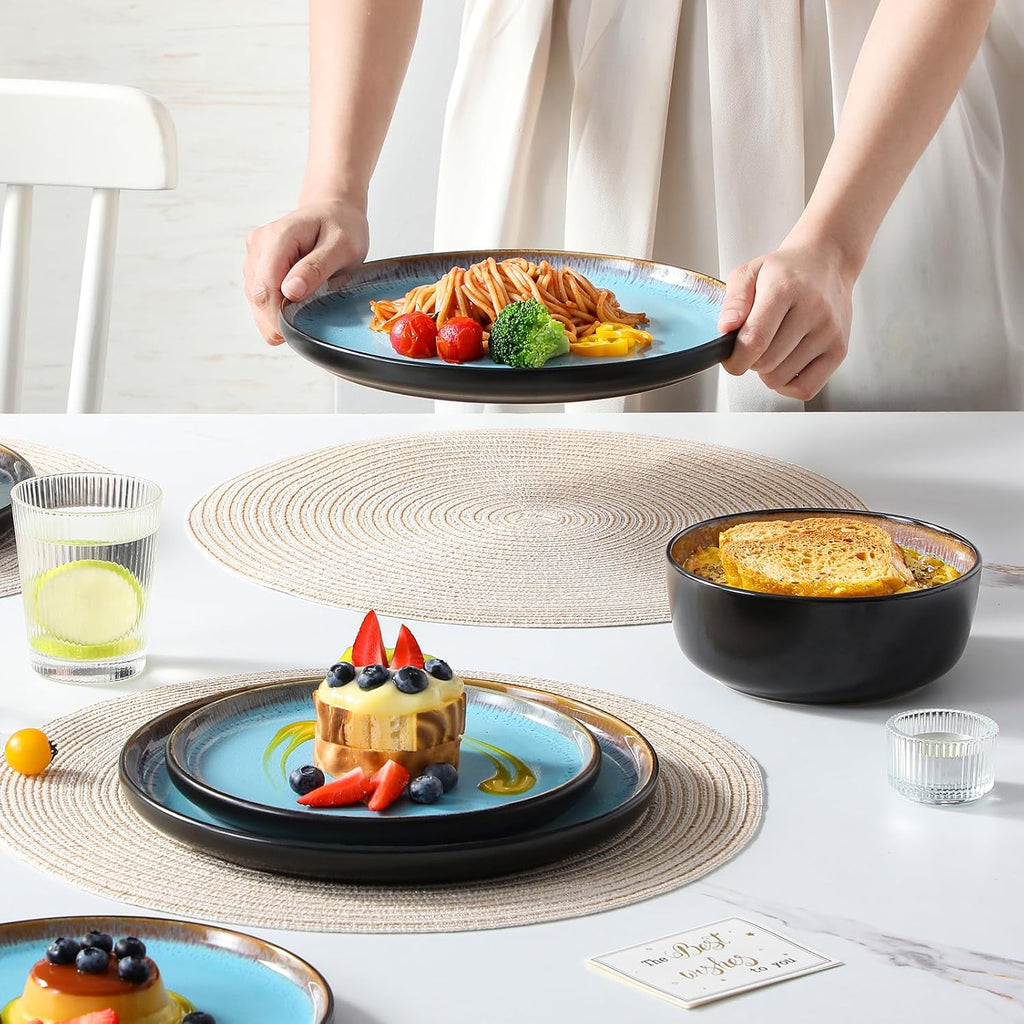 vancasso Plates and Bowls Sets, 18 Pieces Stoneware Dinnerware Sets for 6, Kitchen Dish Set Mircowave and Dishwasher Safe Ceramic Dishware, Blue, Series AMBER