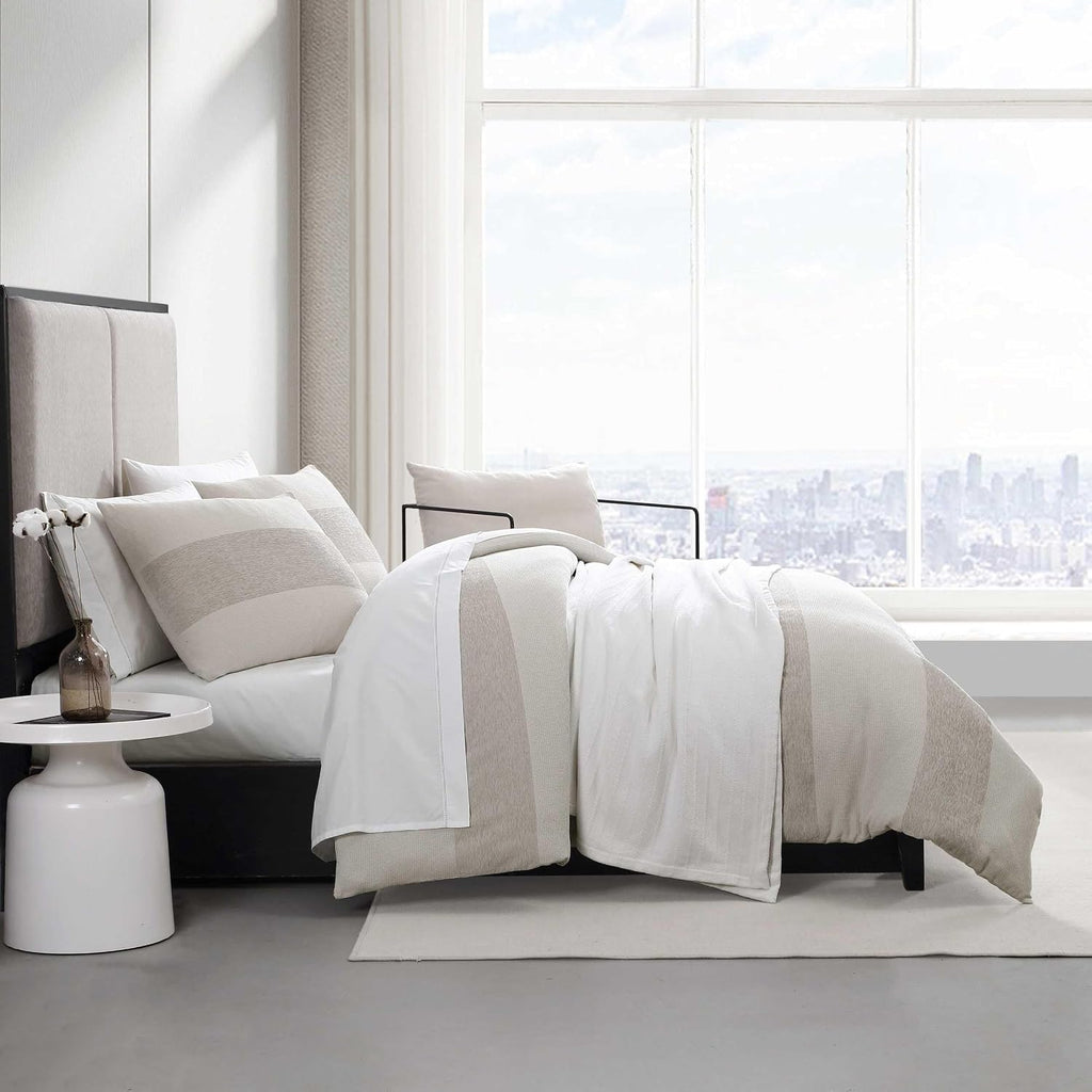 Vera Wang - King Size Comforter Set, Soft Bedding Set with Textured Chenille Waffle Feel, Medium Weight for Year-Round Comfort, 3 Piece Bed Set with Matching Pillowcases (Stripe Beige)