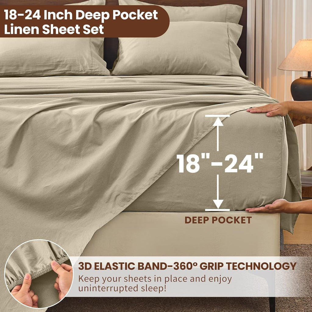 Bedlifes 100% French Linen Sheets Queen Size 18-24'Extra Deep Pocket 4-Piece Set Breathable & Moisture-Wicking,Soft & Durable Sheets for Thick Mattresses(Taupe)