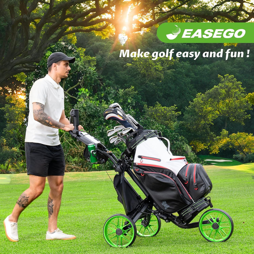 EASEGO Golf Push Cart 3 Wheel : Golf Bag Cart Foldable with Phone Holder/Cup/Umbrella Holder Compact Golf Pull Carts Quick Fold Golf Caddy Push Carts with Large Wheelbase for Different Terrain