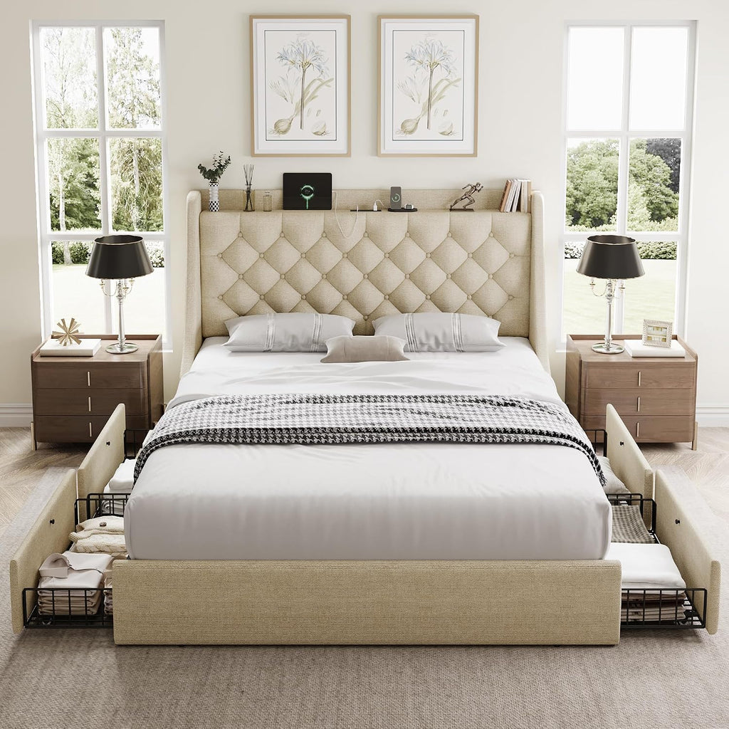 GalnFu Full Size Bed Frame with 4 Storage Drawers, Large Upholstered Wingback Headboard, Fast Charging Station, No Box Spring Needed, Noise-Free, Beige