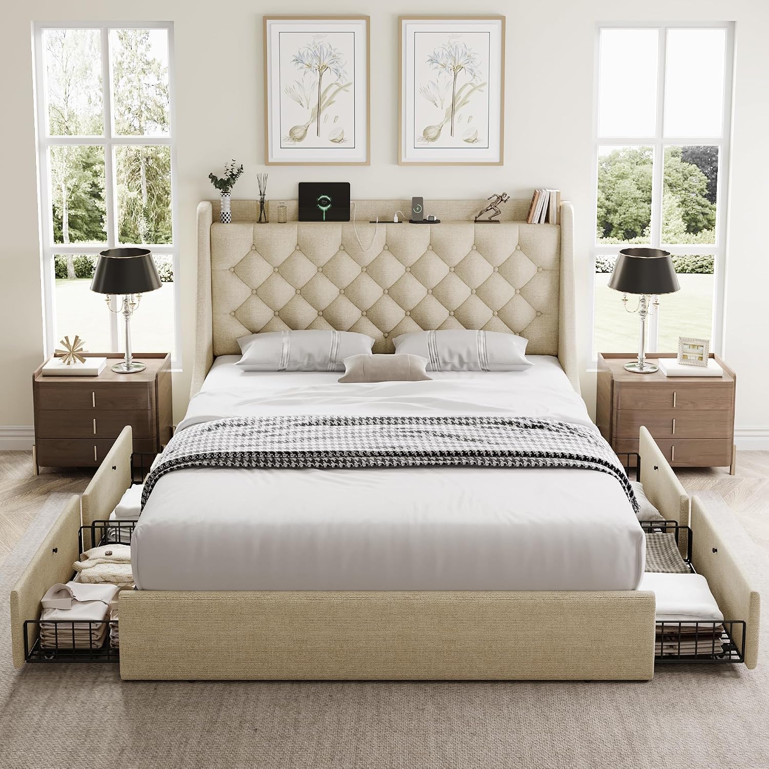 GalnFu Full Size Bed Frame with 4 Storage Drawers, Large Upholstered Wingback Headboard, Fast Charging Station, No Box Spring Needed, Noise-Free, Beige