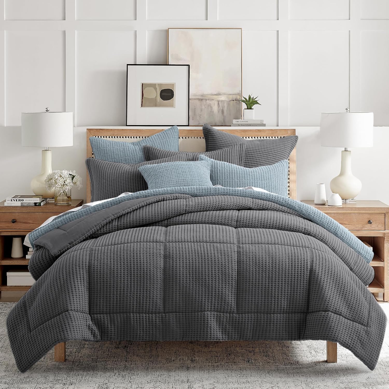 Levtex Home Mills Waffle Full/Queen Comforter Set (90x94in) with 2 Pillow Shams (26x20in) - Charcoal - 100% Cotton Full/Queen Size Comforter Set - Soft, Pre-Washed