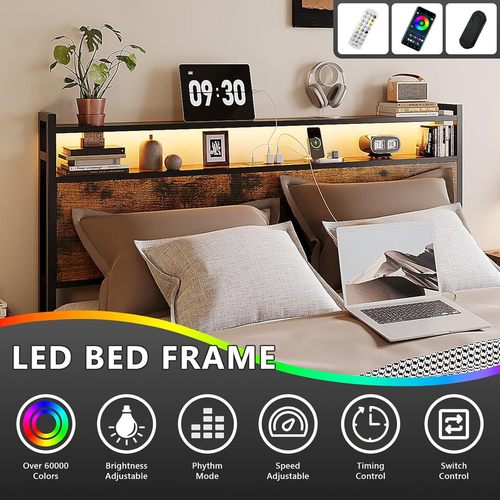 VINGLI King Size Bed Frame with 4 Storage Drawers and LED Headboard Shelves, Metal Platform Bed with Charging Station, No Box Spring Needed, Noise Free, Easy Assembly, Vintage Brown