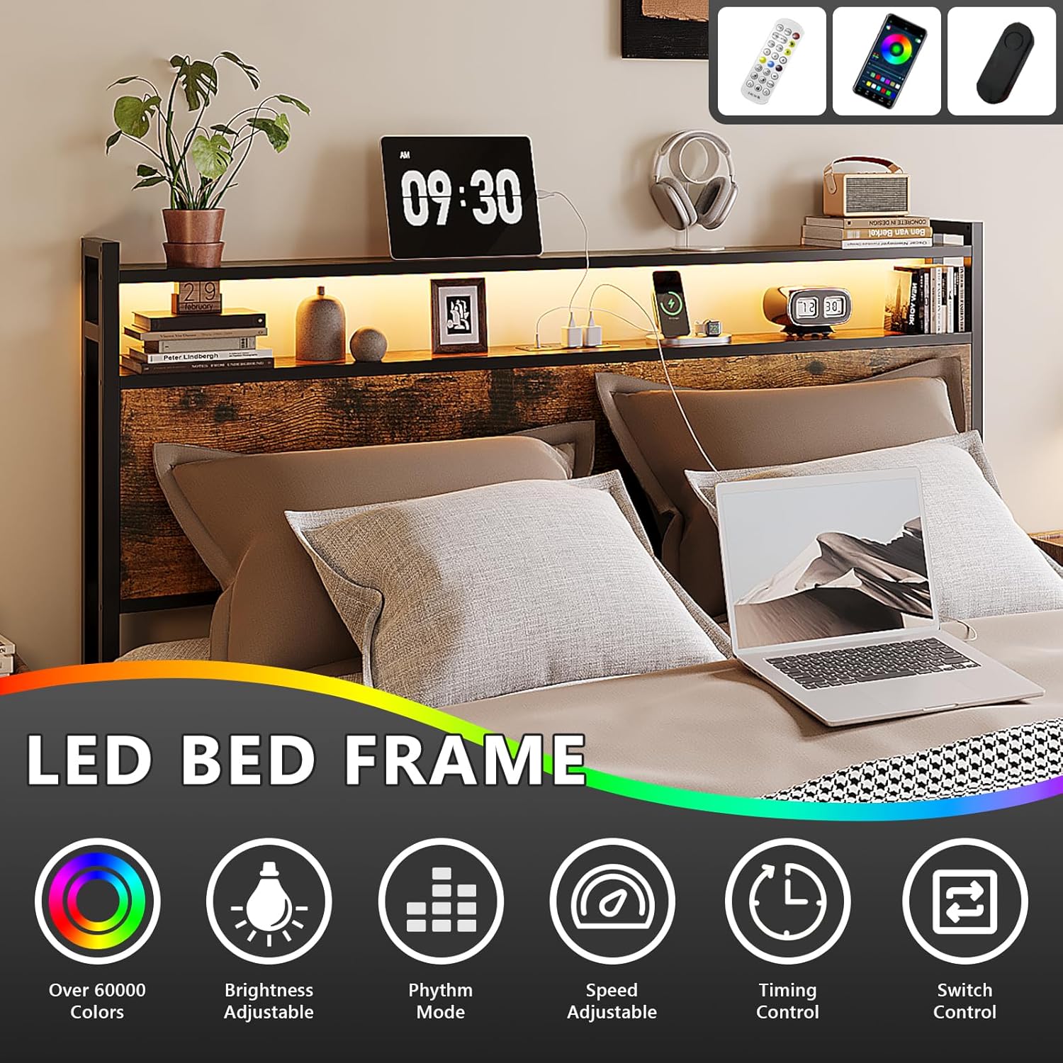 VINGLI King Size Bed Frame with 4 Storage Drawers and LED Headboard Shelves, Metal Platform Bed with Charging Station, No Box Spring Needed, Noise Free, Easy Assembly, Vintage Brown