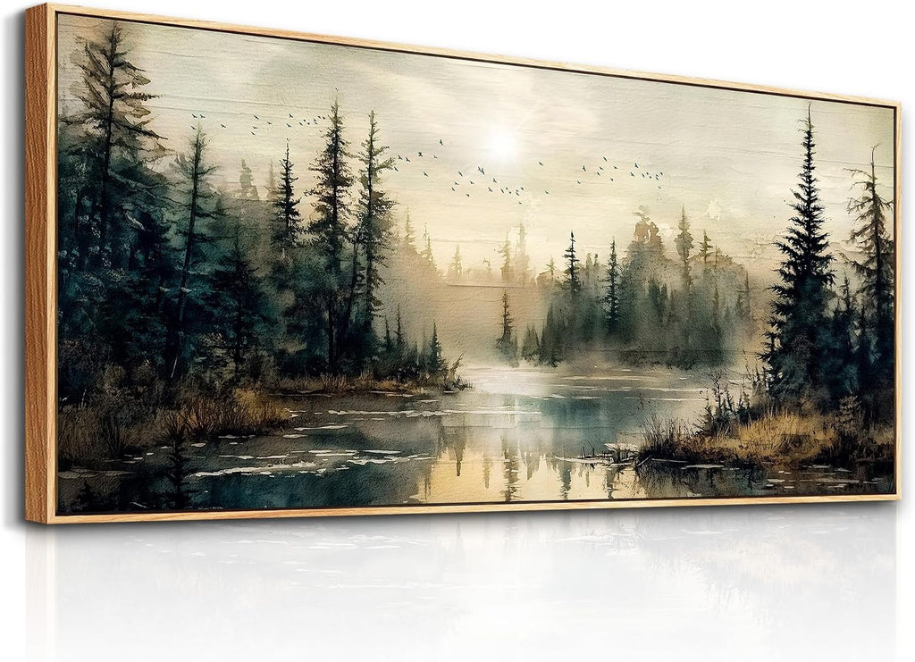 FUHAIHUA Wood Framed Large Wall Decor For Living Room Canvas Wall Art For Office Farmhouse Wall Decorations For Bedroom Forest River Landscape Paintings Modern Pictures Artwork Room Home Decor 32x72 In