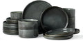 Famiware Star 18-Piece Reactive Glaze Plates and Bowls Sets, Service for 6 - Stoneware Dinnerware with Trim, Modern Rustic Dishes, Chip & Scratch Resistant, Microwave & Dishwasher Safe, Deep Forest
