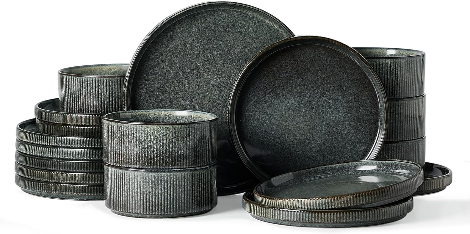 Famiware Star 18-Piece Reactive Glaze Plates and Bowls Sets, Service for 6 - Stoneware Dinnerware with Trim, Modern Rustic Dishes, Chip & Scratch Resistant, Microwave & Dishwasher Safe, Deep Forest