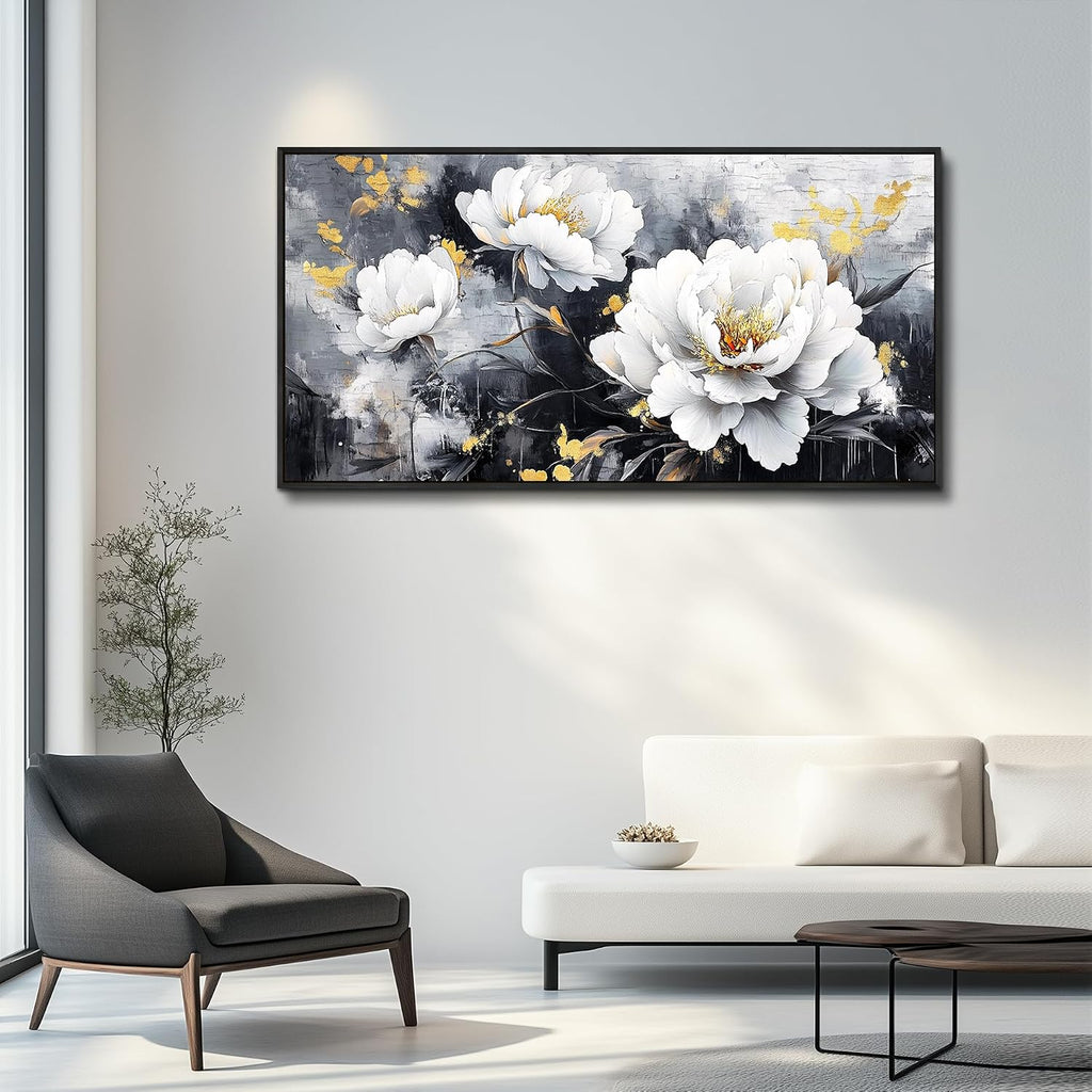 PHAOHUAXM Large Framed Canvas Wall Decor For Living Room Wall Art For Bedroom Modern Abstract Painting Ink-Wash White Flowers With Black Frames Dining Room Home Decor Print Artwork Posters 30'X60'