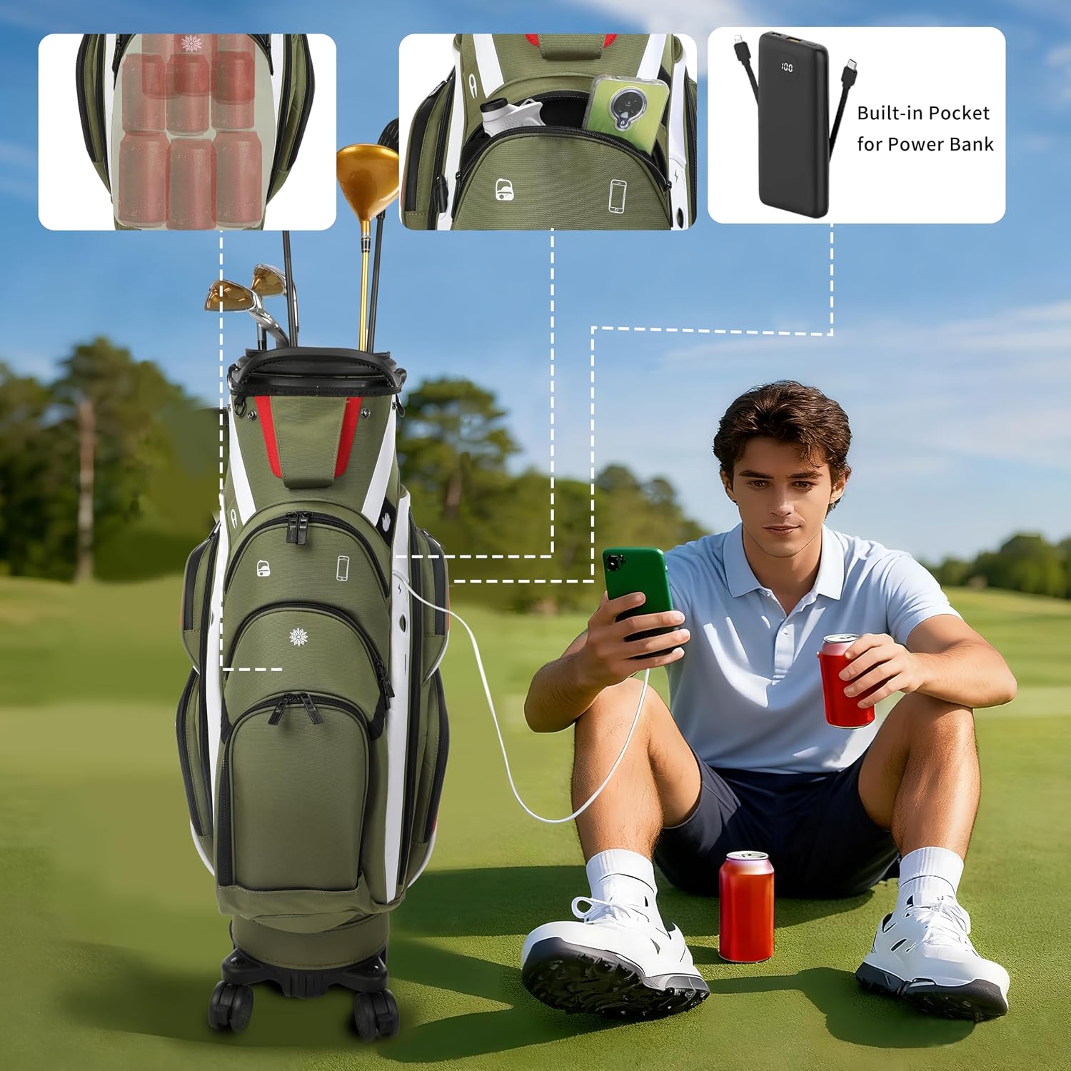 Golf Club Travel Bag with Wheels, Golf Cart and Travel Bag Retractable Cover,Golf Carry Bag for Men and Women, Multiple Storage Pockets, Shoe Compartment, Golf Cart Bag, 4 Colors to Choose from