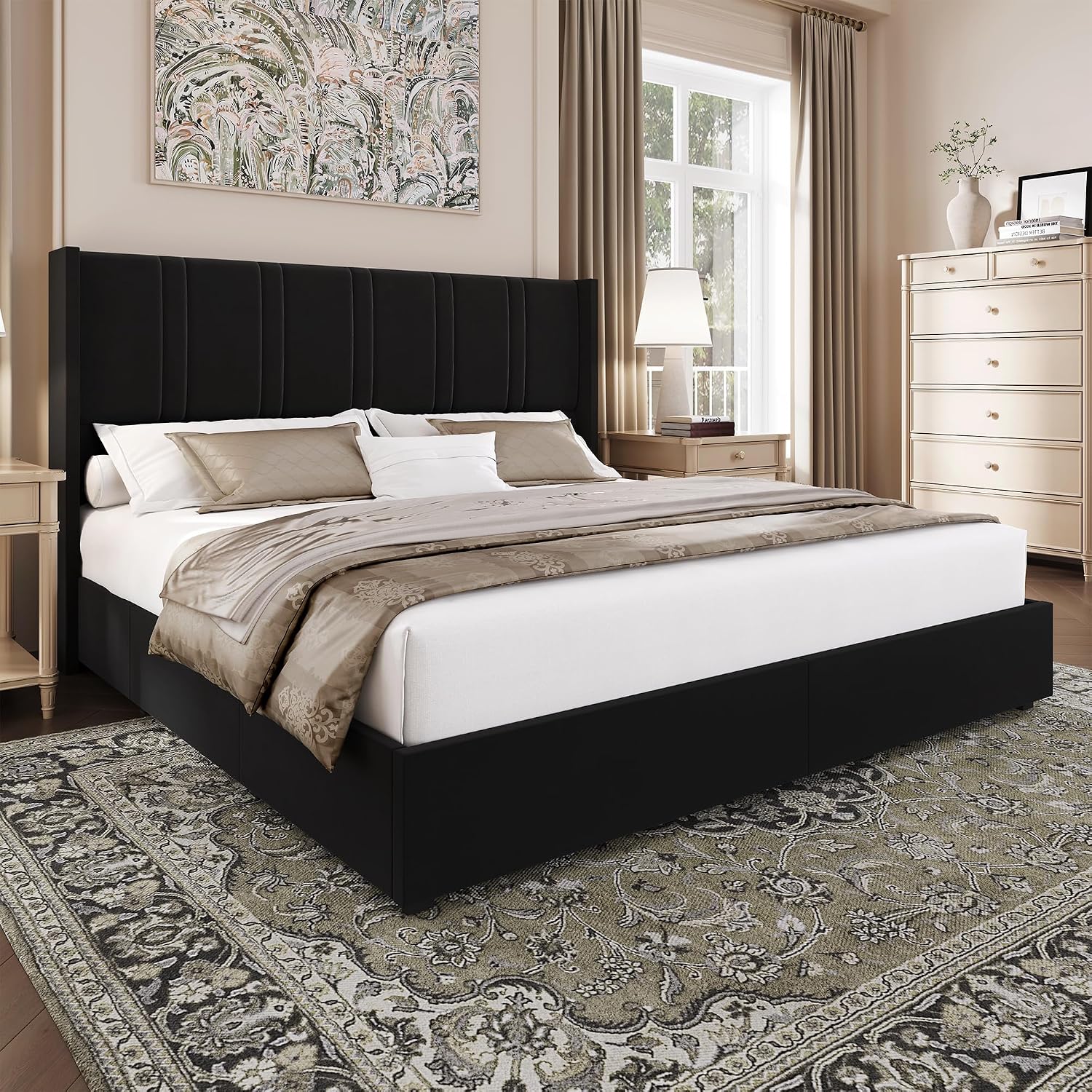 BRELTAM King Size Bed Frame with 4 Storage Drawers Velvet Upholstered Platform Bed with Wingback Headboard, No Box Spring Needed, Easy Assembly, Black