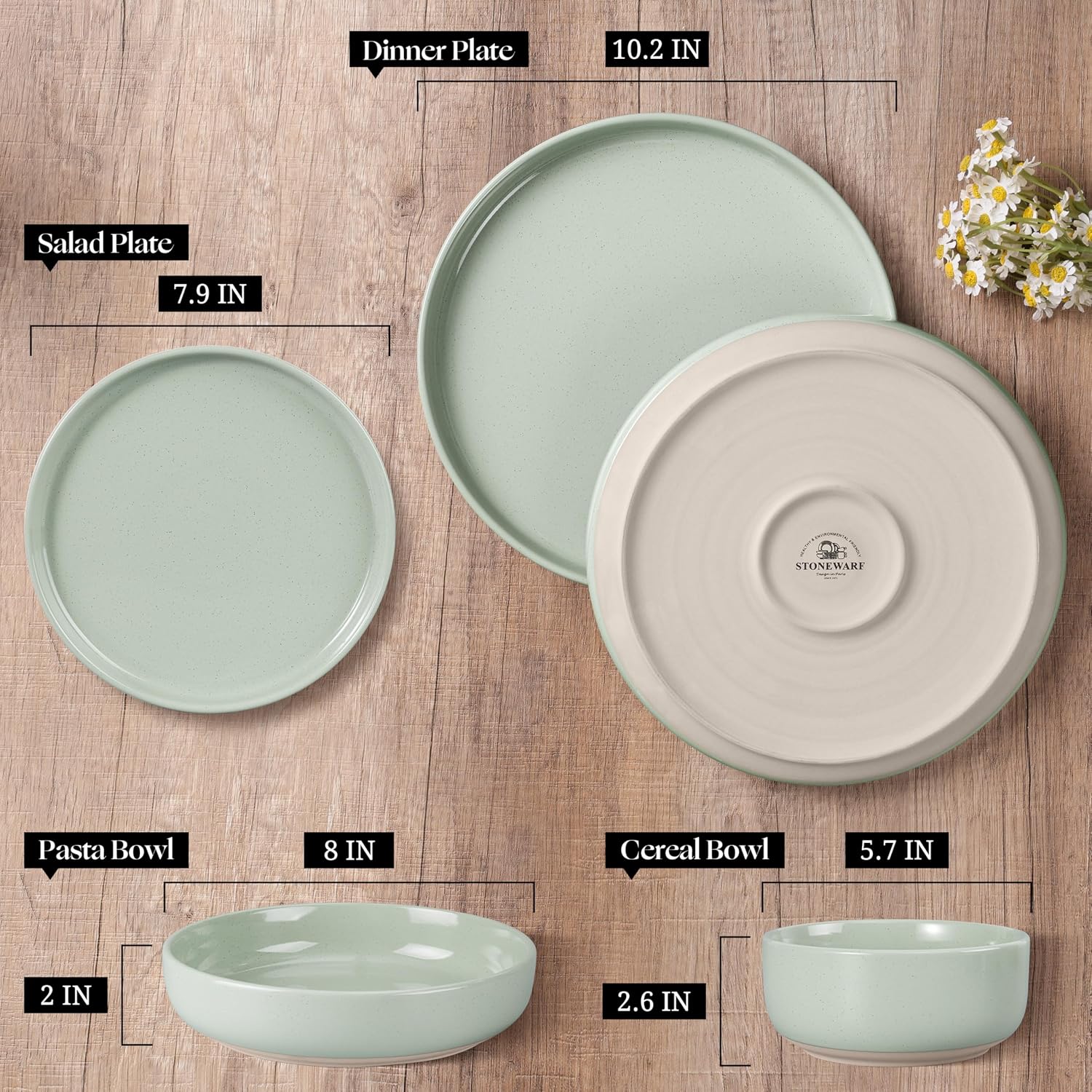 HaWare 24-Piece Plates and Bowls Set for 6, Stoneware Dinnerware Sets with Pasta Bowl, Dishes Set for Home Restaurant, Speckled Asparagus Green