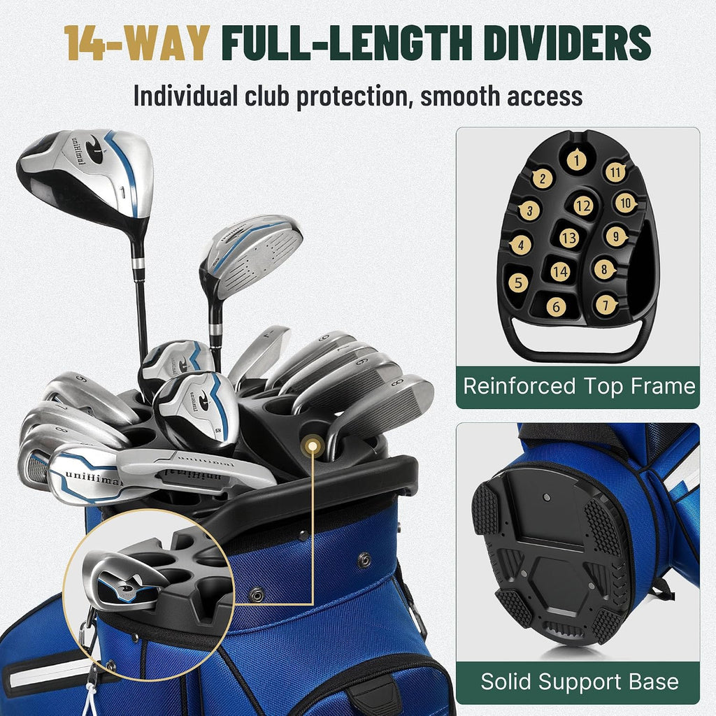 uniHimal Golf Cart Bag with 14-Way Full-Length Dividers, Golf Bag for Men Women with Magnetic Leather Pocket, Handles and Rain Cover, Lightweight Golf Club Bag Includes Cooler Pockets