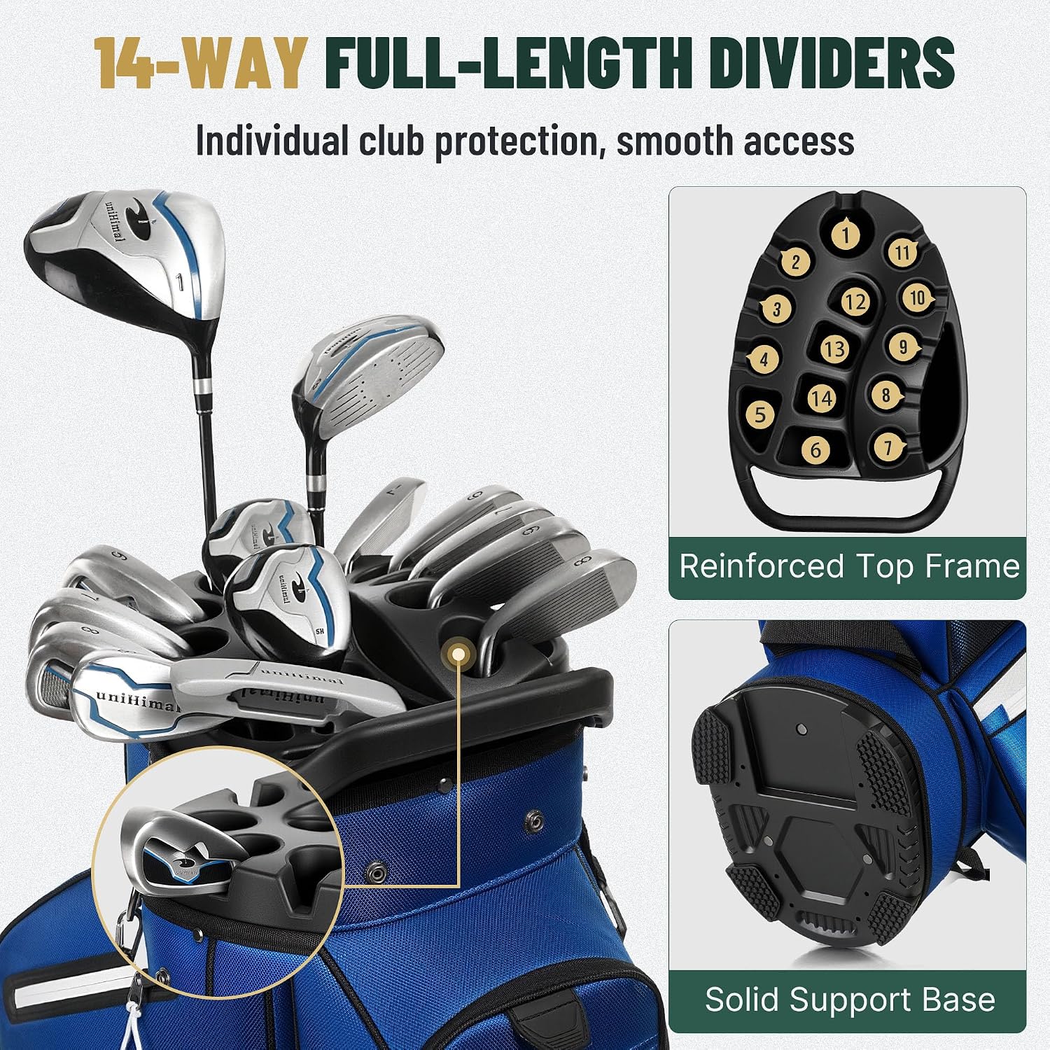 uniHimal Golf Cart Bag with 14-Way Full-Length Dividers, Golf Bag for Men Women with Magnetic Leather Pocket, Handles and Rain Cover, Lightweight Golf Club Bag Includes Cooler Pockets
