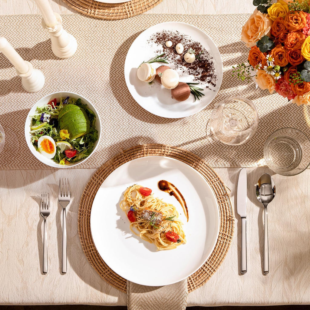 KINGSTONE 12-Piece Bone China Dinnerware Set with 20-Piece flatware, Ivory White Lightweight Porcelain Service for 4, for Family Dining, Restaurants, Gifting, Microwave and Dishwasher Safe