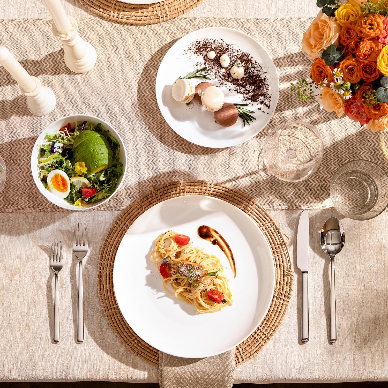 KINGSTONE 12-Piece Bone China Dinnerware Set with 20-Piece flatware, Ivory White Lightweight Porcelain Service for 4, for Family Dining, Restaurants, Gifting, Microwave and Dishwasher Safe