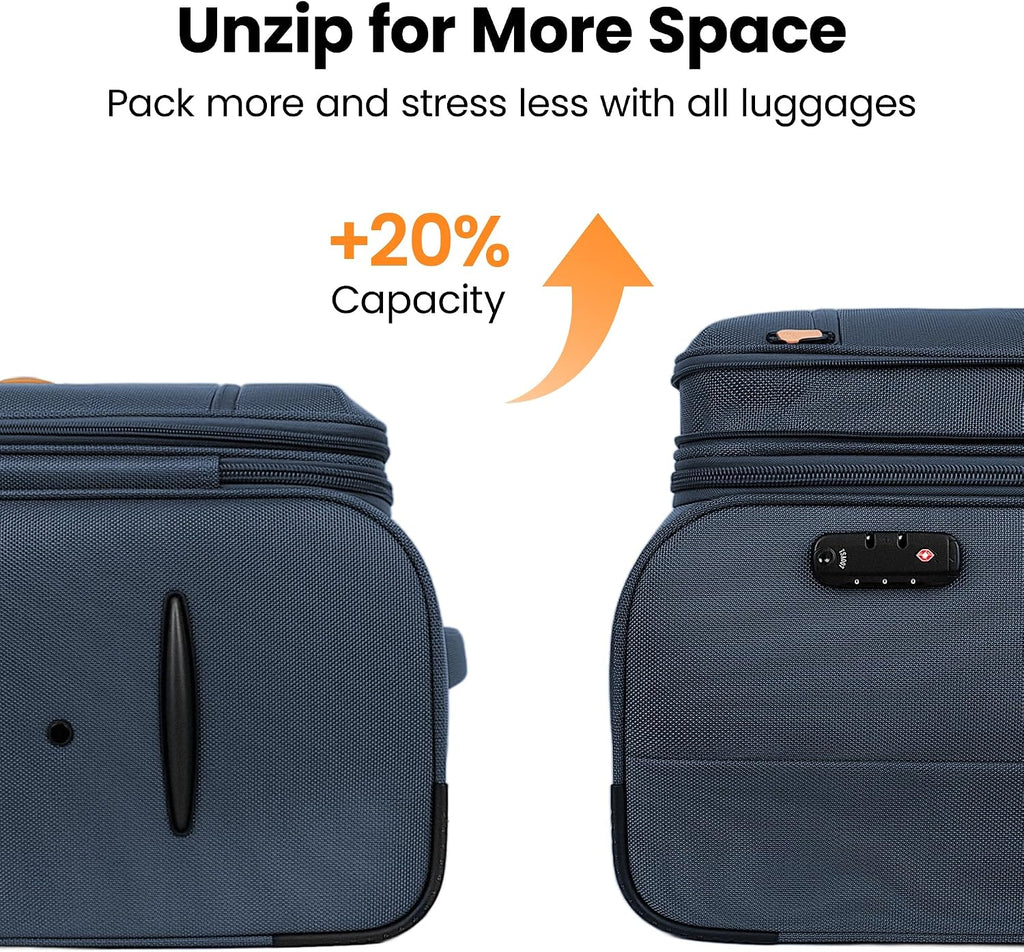 2-Piece Set Soft Shell Luggage w/Front Opening,Softside Luggage Sets w/Double Spinner Wheels &TSA LOCK,Expandable 20%,Lightweight Trolley Case,Luggage Rolling Suitcase for Men/Women（Navy,20in/30in）