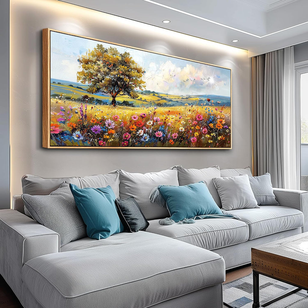 hyidecorart Large Framed Wall Art, Spring Landscape Wall Art, Nature Tree Wildflower Artwork, Colorful Scenery Rustic Painting Canvas Prints, Farmhouse Wall Decor Living Room Bedroom Picture 32x72 In
