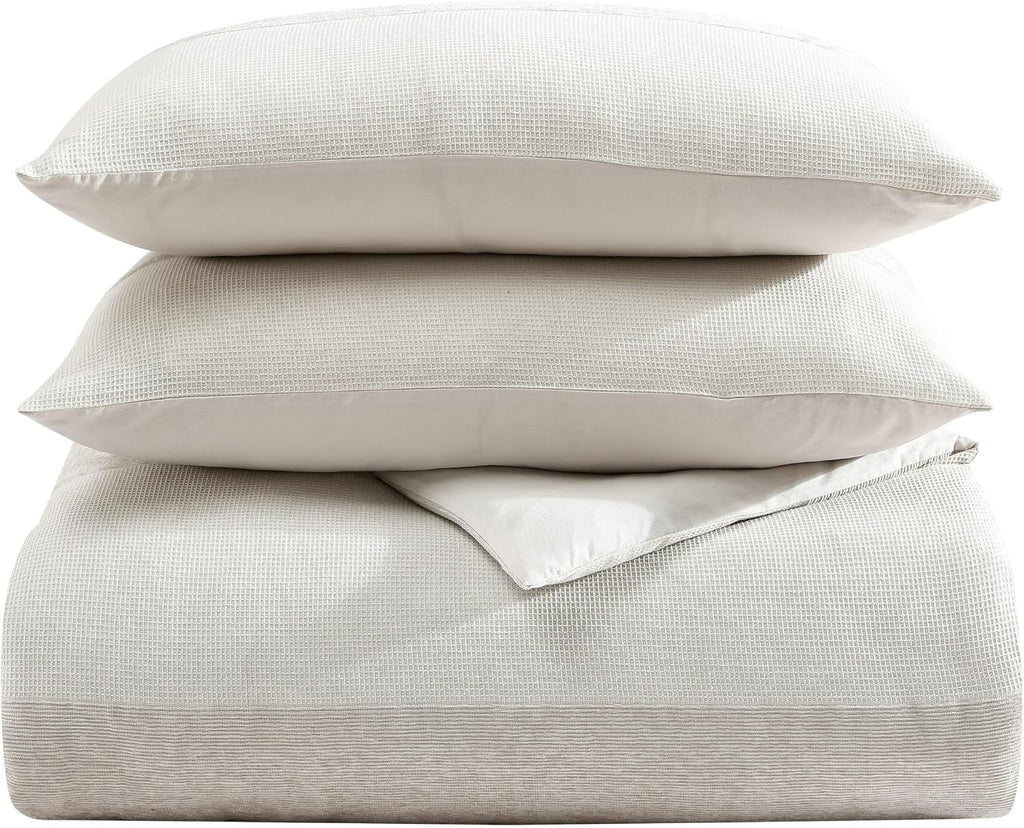 Vera Wang - Queen Comforter Set, Premium Cotton Bedding Set with Matching Shams, Chic Room Essentials, Oeko-Tex Certified (Chenille Waffle Stripe Beige, Queen)