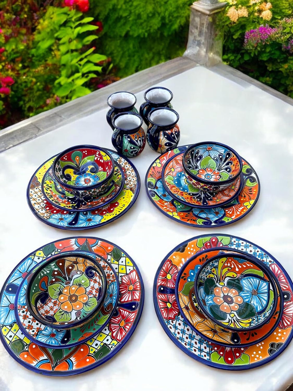 16-Piece Talavera Dinnerware Set | Hand-Painted Mexican Pottery with 4 Large 11.5' Plates, 4 Small 8' Plates, 4 Bowls, and 4 Mugs | Unique, Artisan-Made Ceramic Dish Set