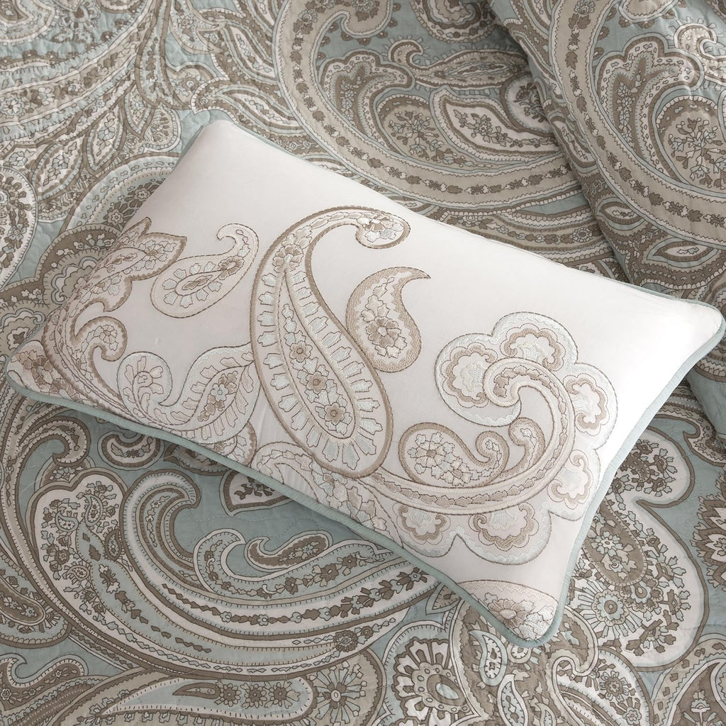 Madison Park Pure Ronan 100% Cotton Quilt Set-Casual Paisley Design All Season, Lightweight Coverlet Bedspread Bedding, Shams, Decorative Pillows, King/Cal King(104'x92'), Blue 4 Piece