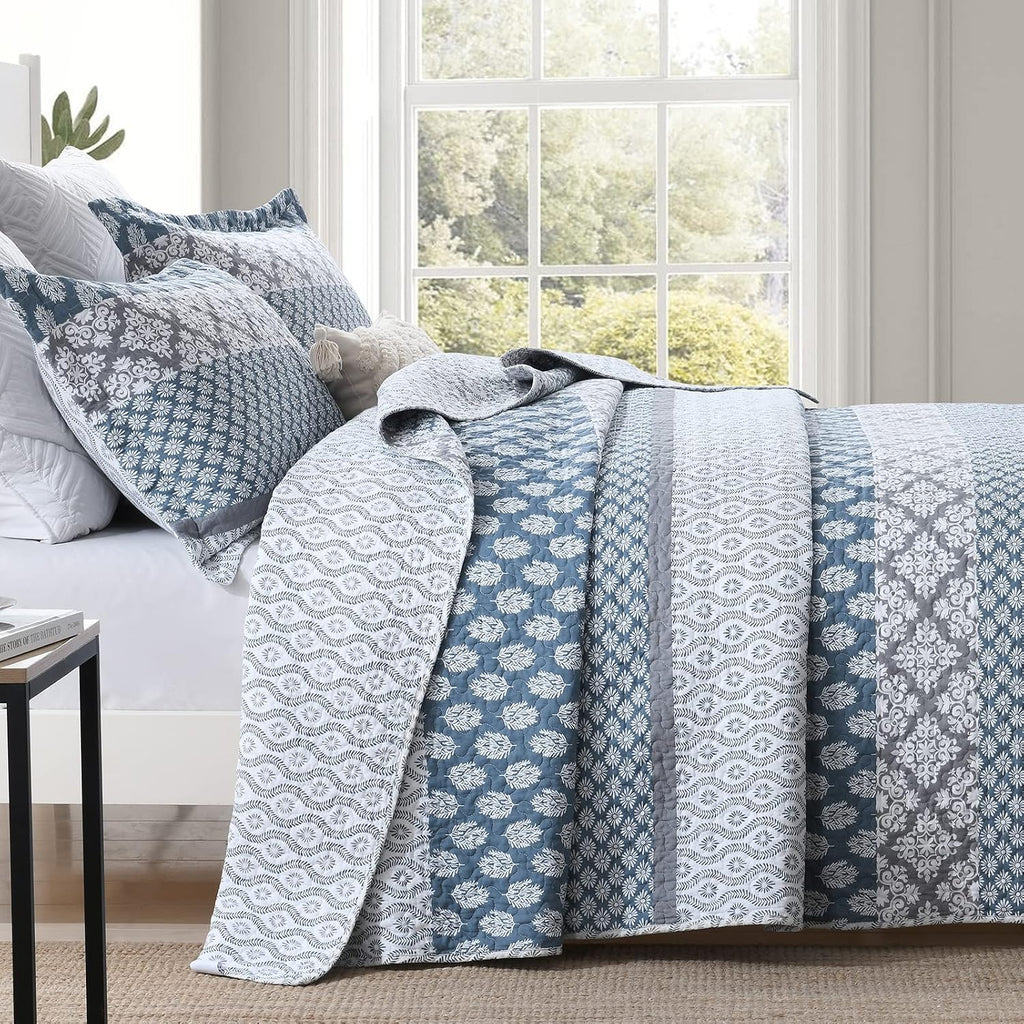 SahSahCasa Quilt King Size, King Quilt Set, 100% Cotton Floral Quilt, King Quilt Bedding Set Bedspreads, Patchwork Reversible Lightweight Comforter Bed Spread for All Season, Blue/Gray, 3 Pieces