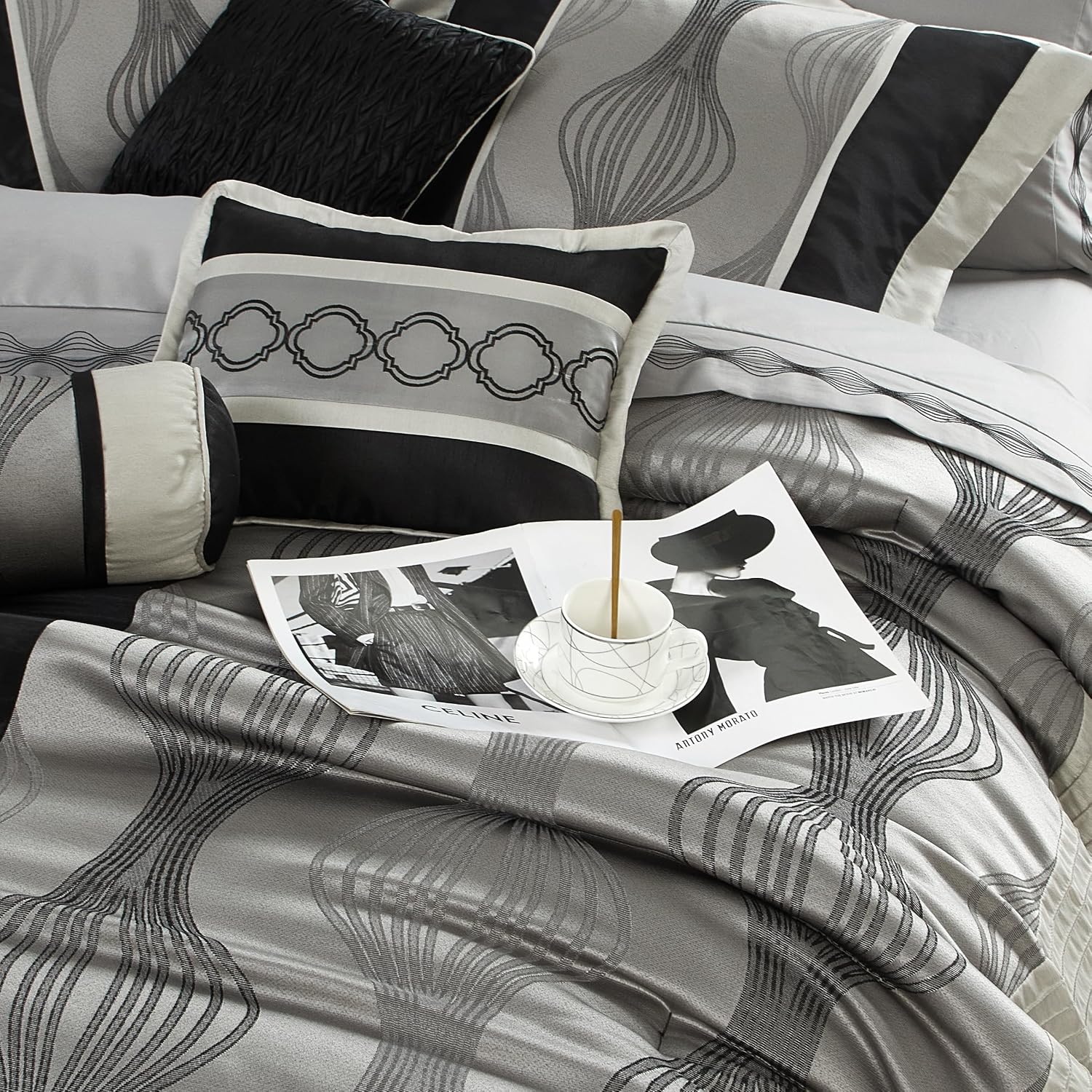 Grand Avenue Elegant Black and Silver Comforter Set California King Size, Striped, 7 Pieces Bedding & Collection, Jacquard All Season Comforter & Pillows, Ultra-Soft Microfiber