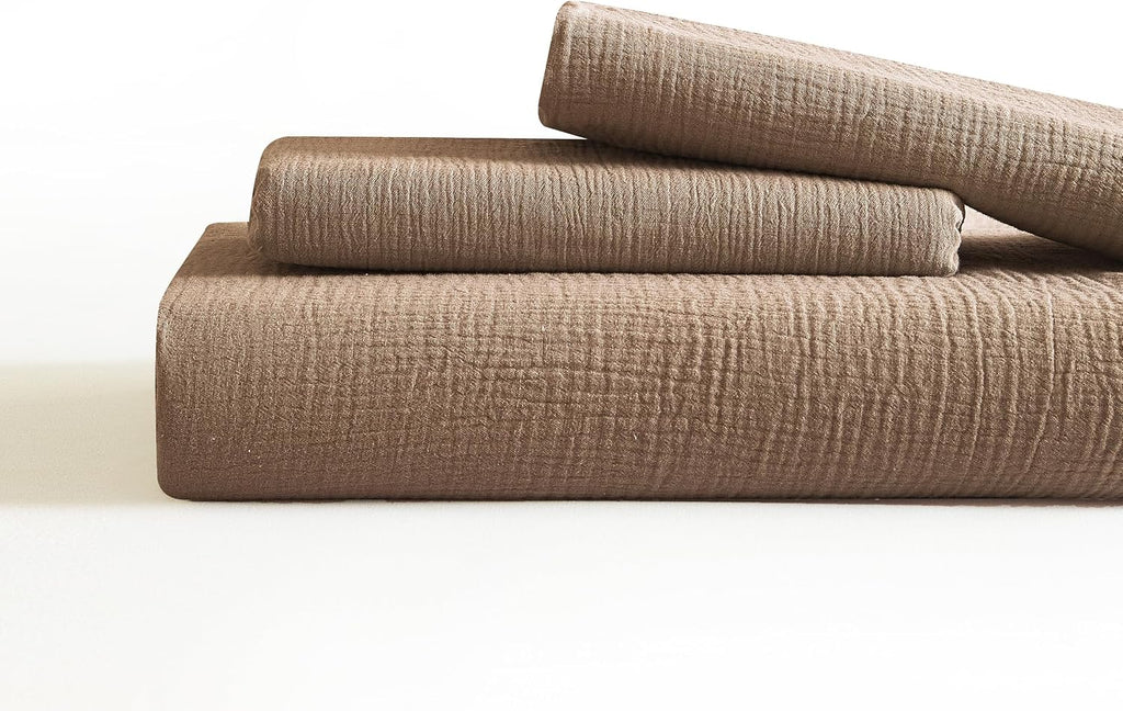 SE SOFTEXLY Muslin Duvet Cover Oversized King Size, 100% Washed Cotton Duvet Cover Set, Ultra Soft Comforter Cover Linen Like, 3 Pieces Gauze Duvet Cover with 2 Pillowcases, 98'x120', Light Brown