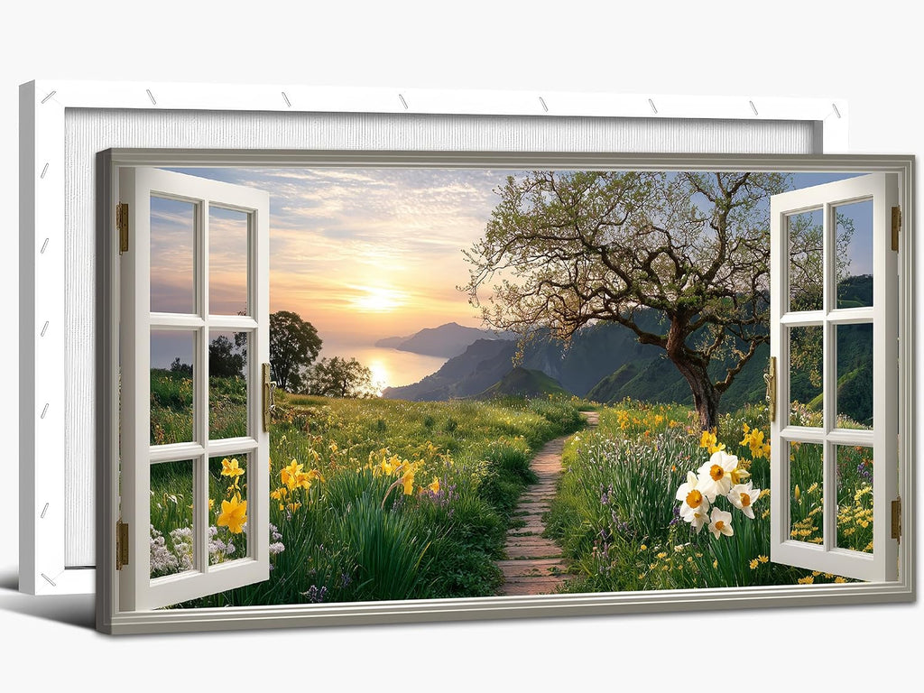 TIMUBA Spring Wall Art Decor - Fake Window Sunrise Coastal Scenery Canvas Painting, Spring Nature Mountains Landscape Wildflowers Pictures Wall Decor, Floral Framed Artwork for Living Room 60x30 Inch