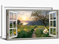 TIMUBA Spring Wall Art Decor - Fake Window Sunrise Coastal Scenery Canvas Painting, Spring Nature Mountains Landscape Wildflowers Pictures Wall Decor, Floral Framed Artwork for Living Room 60x30 Inch