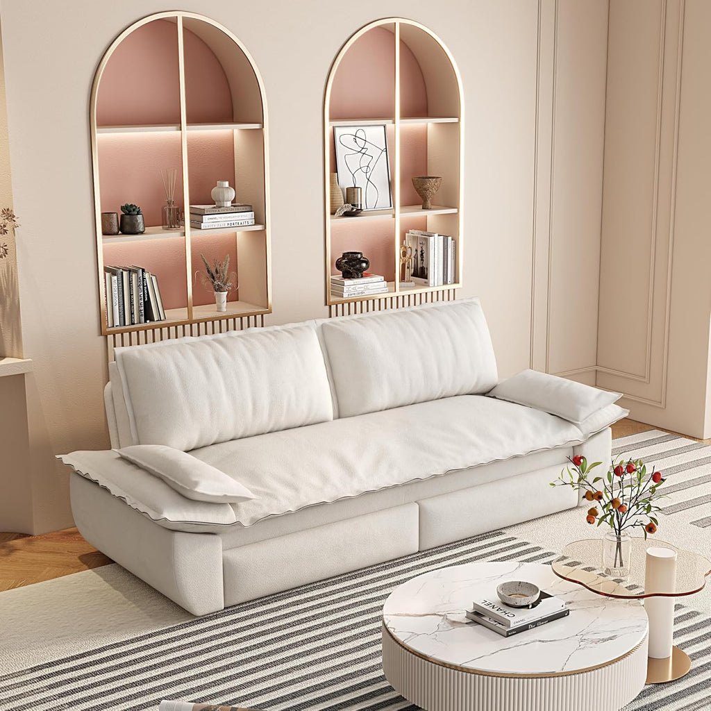 WILLIAMSPACE 73.2' Queen Pull Out Sofa Bed, 3-in-1 Velvet Convertible Sleeper Sofa Couch with 2 Soft Pillows, Multi-Functional Loveseat Bed Pull Out Couch for Living Room, Apartment (Beige)