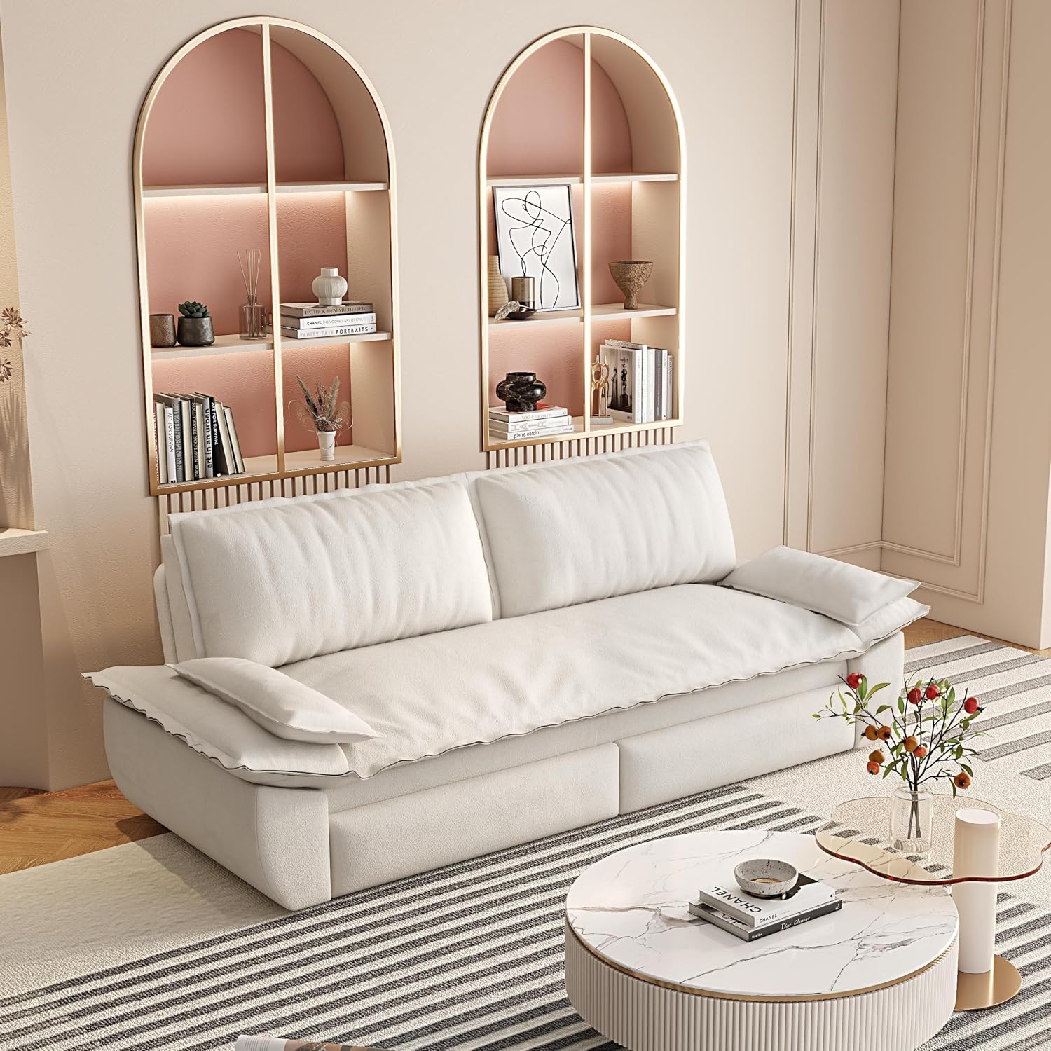 WILLIAMSPACE 73.2' Queen Pull Out Sofa Bed, 3-in-1 Velvet Convertible Sleeper Sofa Couch with 2 Soft Pillows, Multi-Functional Loveseat Bed Pull Out Couch for Living Room, Apartment (Beige)