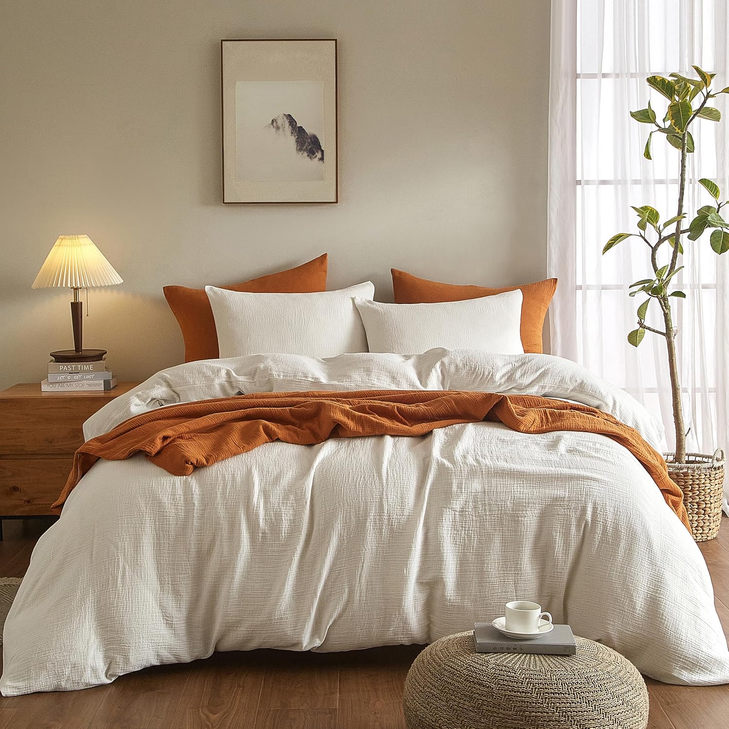 SE SOFTEXLY Muslin Duvet Cover Oversized King Size, 100% Washed Cotton Duvet Cover Set, Ultra Soft Comforter Cover Linen Like, 3 Pieces Gauze Duvet Cover with 2 Pillowcases, 98'x120', White