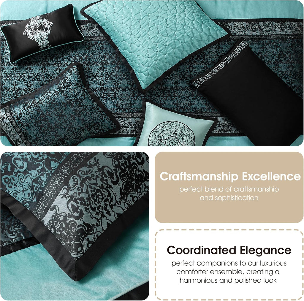Stratford Park Black & Teal Comforter Set California King Size, Classic Jacquard Bedding Sets, Faux Silk, Premium Microfiber, 12 Pieces Bed in a Bag, Matching Fitted Sheet, Flat Sheet