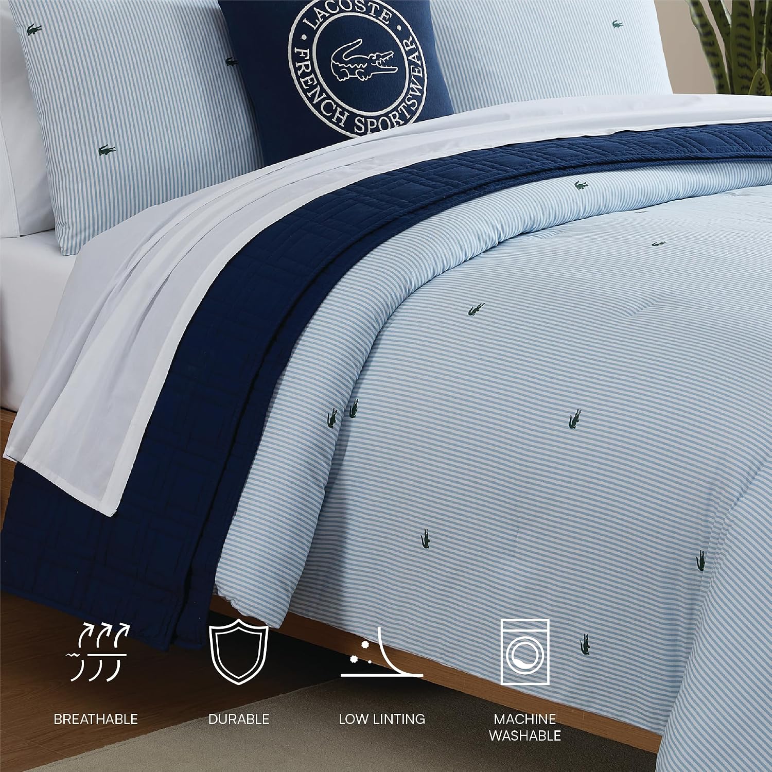 Lacoste Pinstripe Croc Comforter Set, 100% Percale Cotton 180TC, Breathable All Season Bedding with Embroidered Crocodile Logo, Blue, King